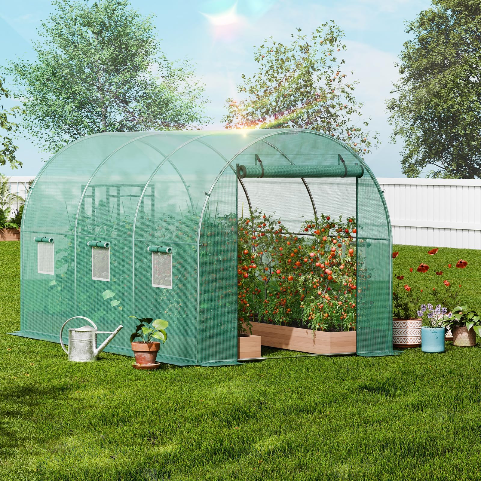 Invernadero de Exterior 10ft x 6.6ft x 6.6ft, Invernadero de Túnel con Puerta Enrollable, 6 Ventanas de Malla, Cubierta PE 140g/m² y Marco de Acero Galvanizado para Cultivos