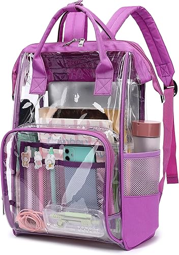 Mochila transparente resistente para hombres y mujeres, mochila escolar, mochila de plástico de PVC transparente para niños y niñas, Morado, L