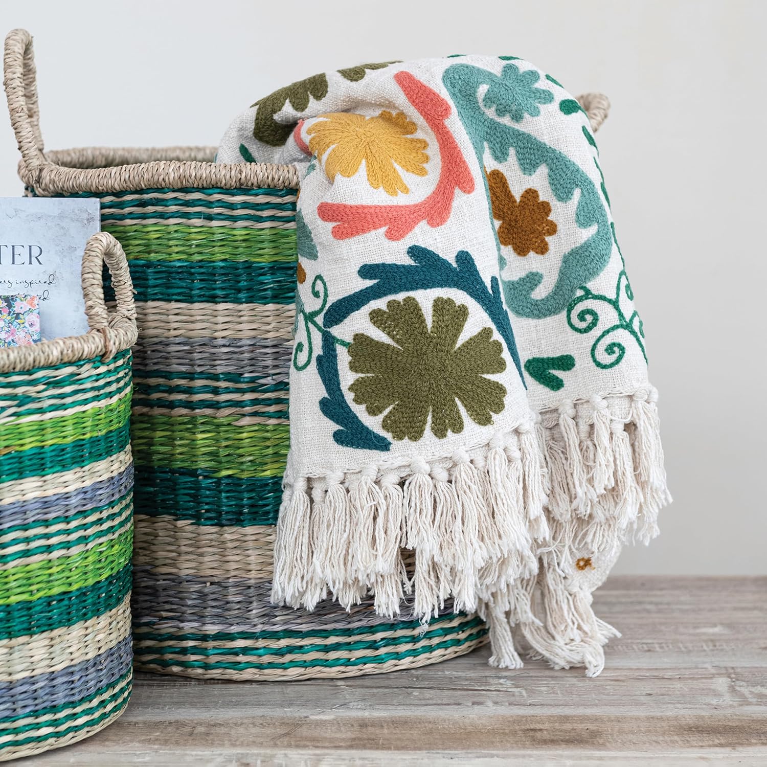 Creative Co-Op Cotton Slub Embroidered Throw with Suzani Pattern and Tassels, Multicolor - Image 11