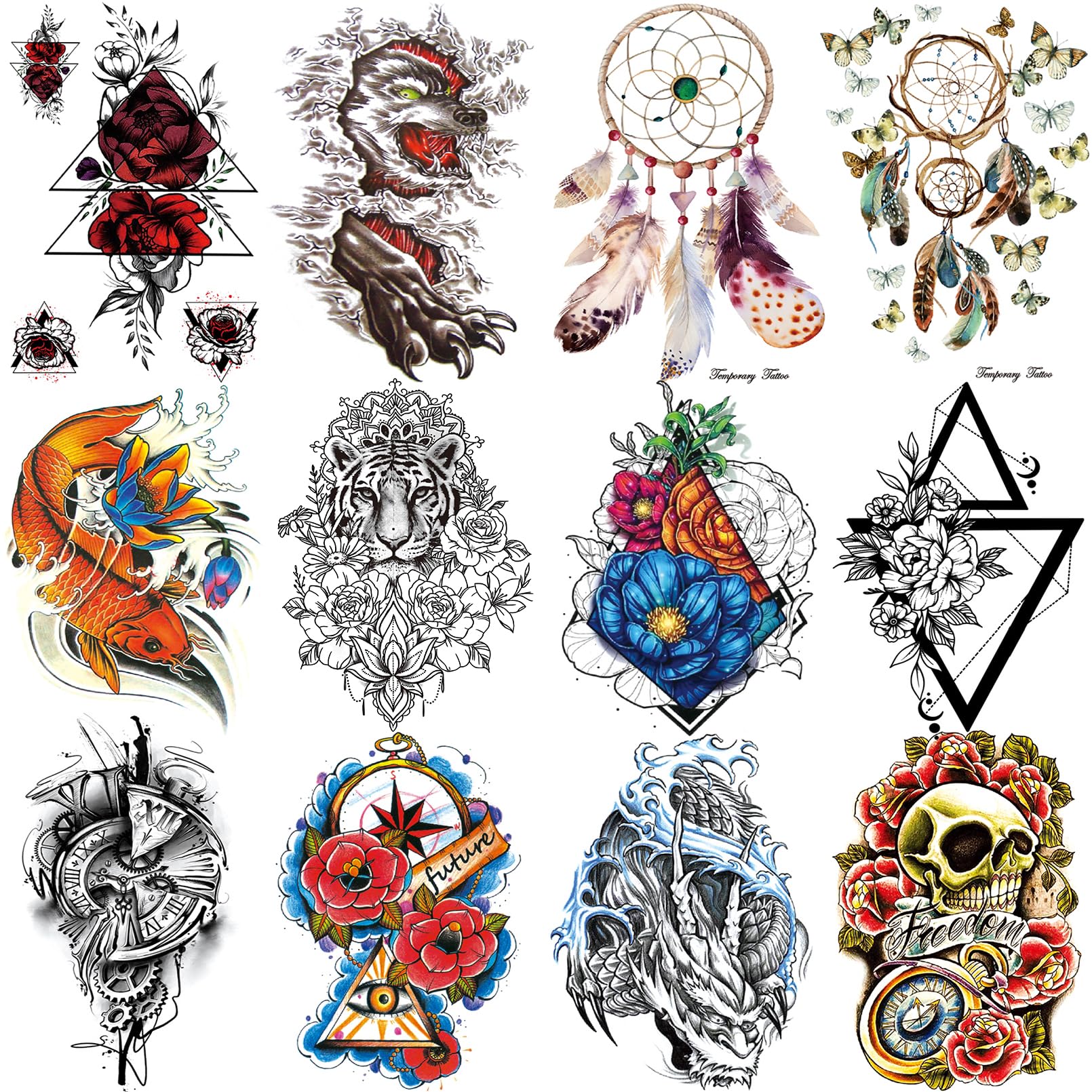12 Sheets Christmas Temporary Tattoos for Men Women Adult, Waterproof Half Arm Sleeve Temp Tattoo Stickers, Multi-Colored Mixed Style Body Art Fish