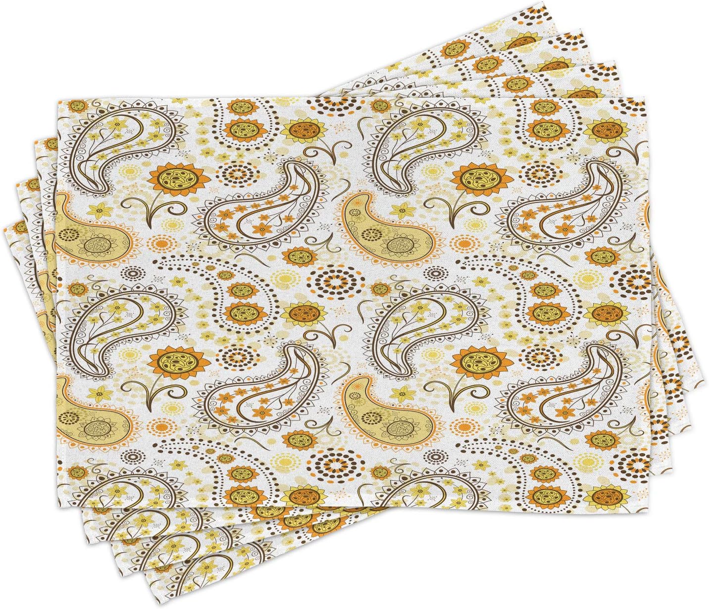 Ambesonne Sunflower Place Mats Set of 4, Floral Pattern with Sunflowers and Paisley Vintage Boho, Washable Fabric Placemats for Dining Room Kitchen Table Decor, Orange Yellow White