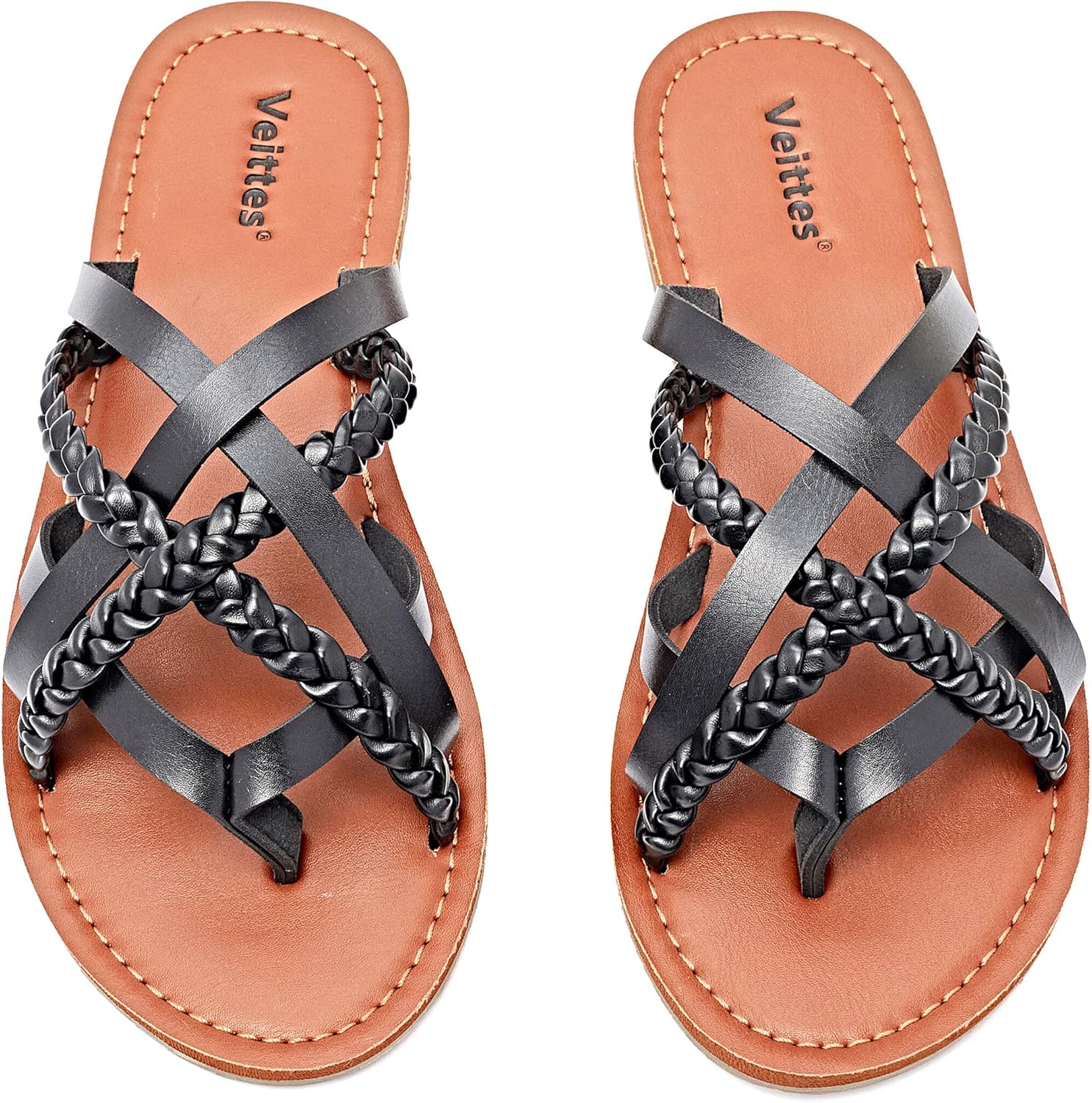 Veittes Women's Flat Slide Sandals - Casual Comfort Braided Multiple Criss Cross Braided Strap Pinstripe Flat Summer Thong Sandals