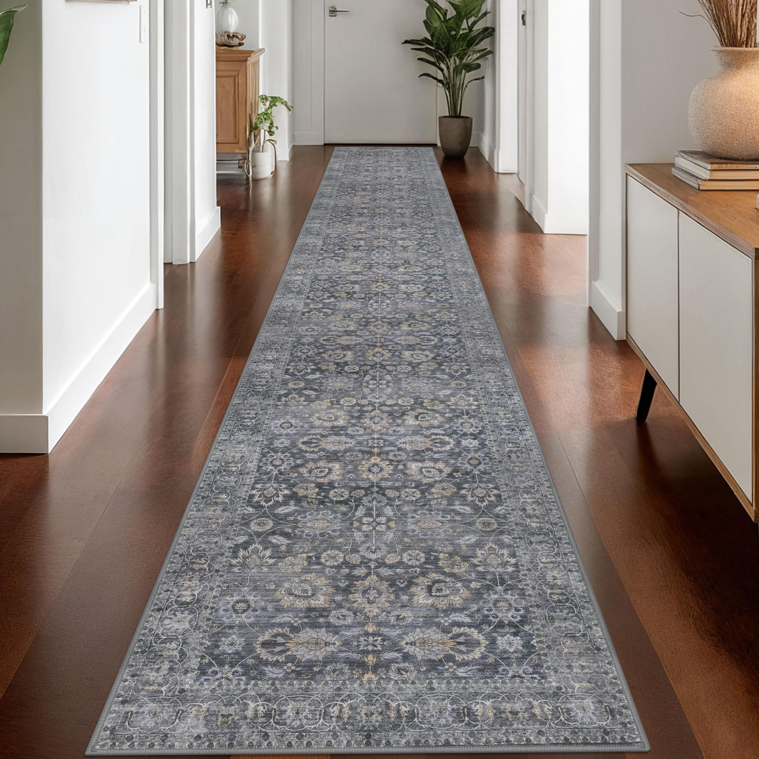KOZYFLY Vintage Floral Washable Long Runner Rug 2.6x18 Grey