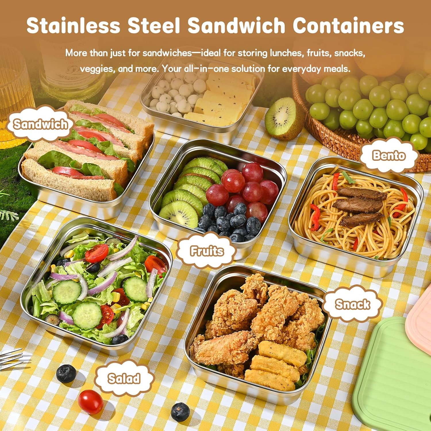 4 Pack Sandwich Containers, 20oz Reusable Stainless Steel Food Storage Containers with Lids, BPA-Free, Dishwasher Safe, Meal Prep Lunch Box for Snacks & Fruits (White, Pink) - Image 2