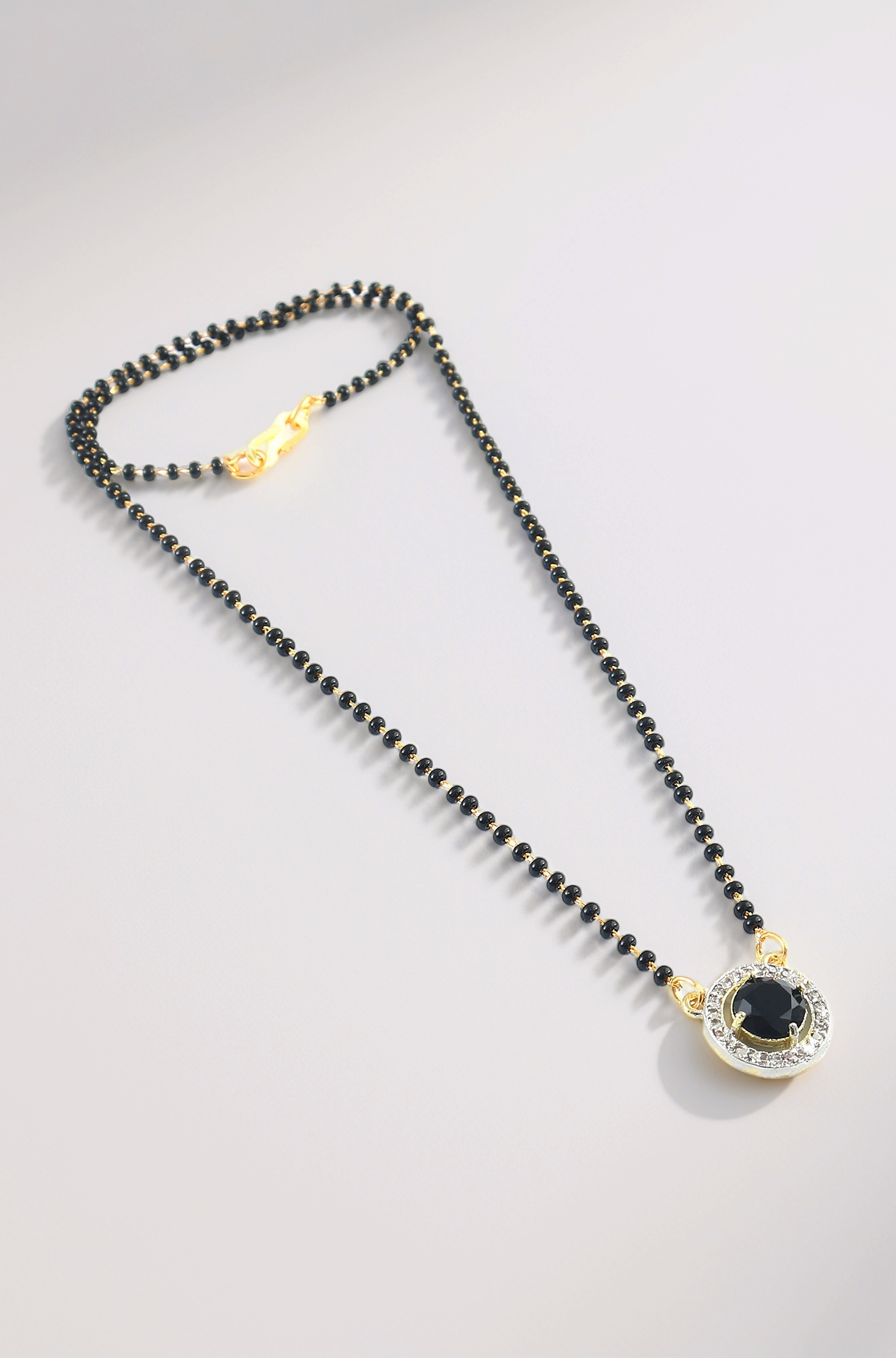 Mangalsutra Black Crystal Beads Chain Wedding Bridal Ad Cz Color Stones Two-Tone Silver Gold Plated Pendant Tanmaniyam Jewelry With Earrings For Women