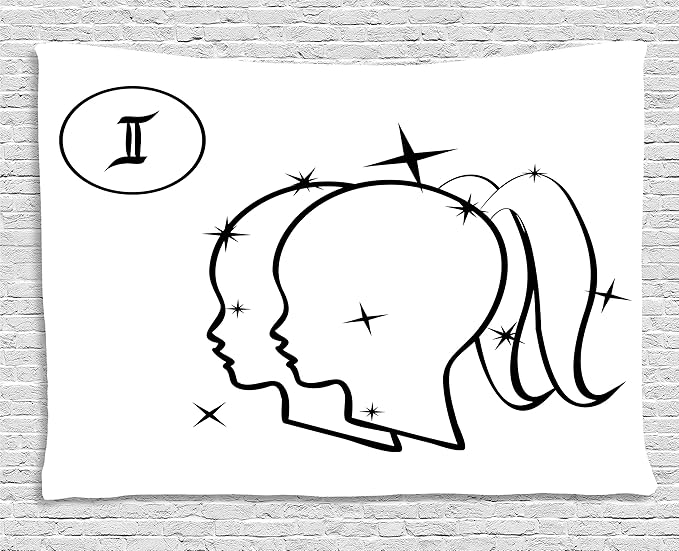 Ambesonne Zodiac Gemini Tapestry, Mystical Sign with Women Portrait Outlines with Stars Sisters of Zodiac, Wall Hanging for Bedroom Living Room Dorm, 60