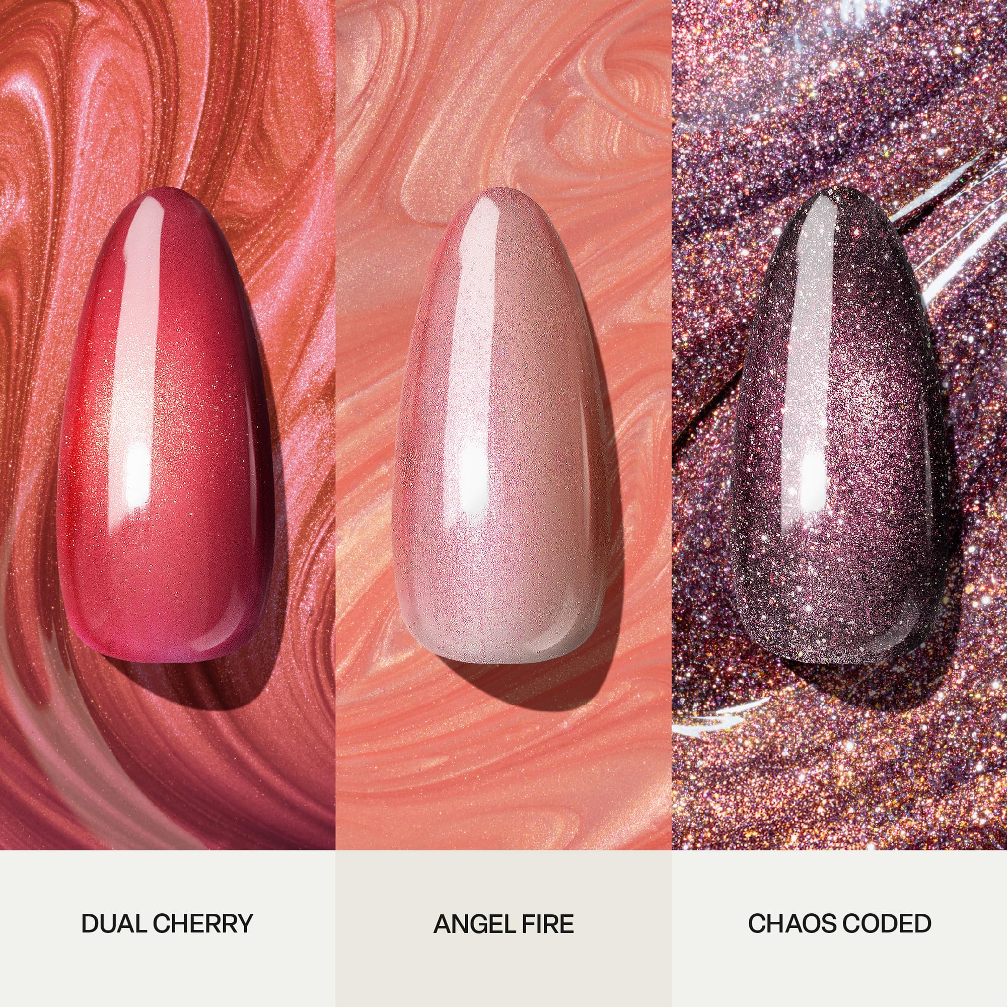 Aprés Prismatic Gel Color, set da 3 (Dual Cherry Trio) | Smalto gel bicolore cangiante, privo di HEMA e TPO, con effetto occhio di gatto, perlato e glitter flash