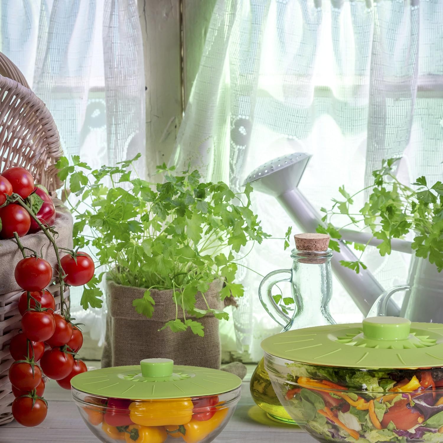 シリコン製ボウル蓋 グリーン 5枚セット 再利用可能な吸着シールカバー ボウル・鍋・カップなど 食品に使用しても安全 ナチュラルグリ