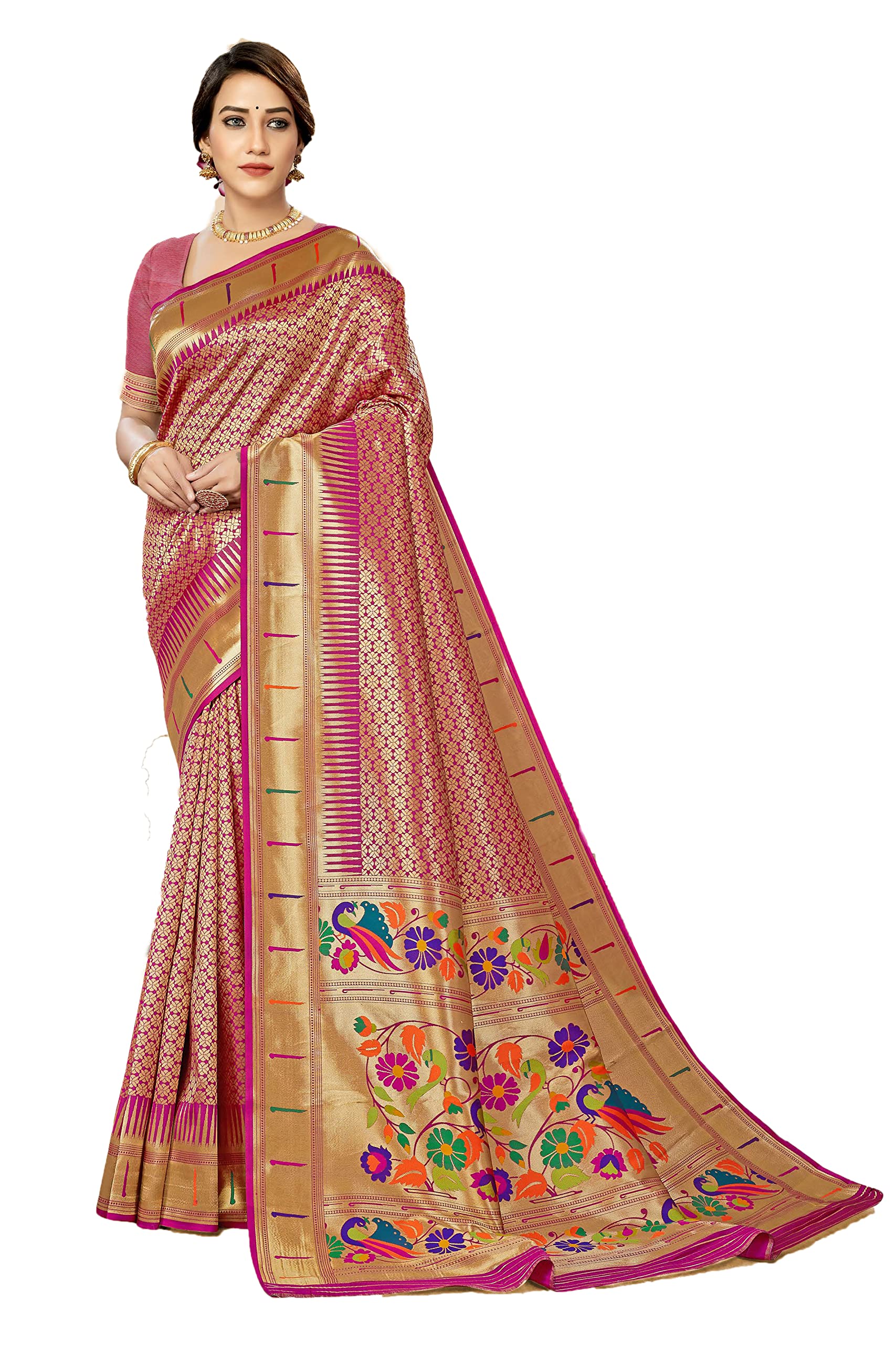 Jaanvi fashionWomen's Paithani Silk With Zari Jacquard Work Saree With Blouse Piece, Rani, 5.5m