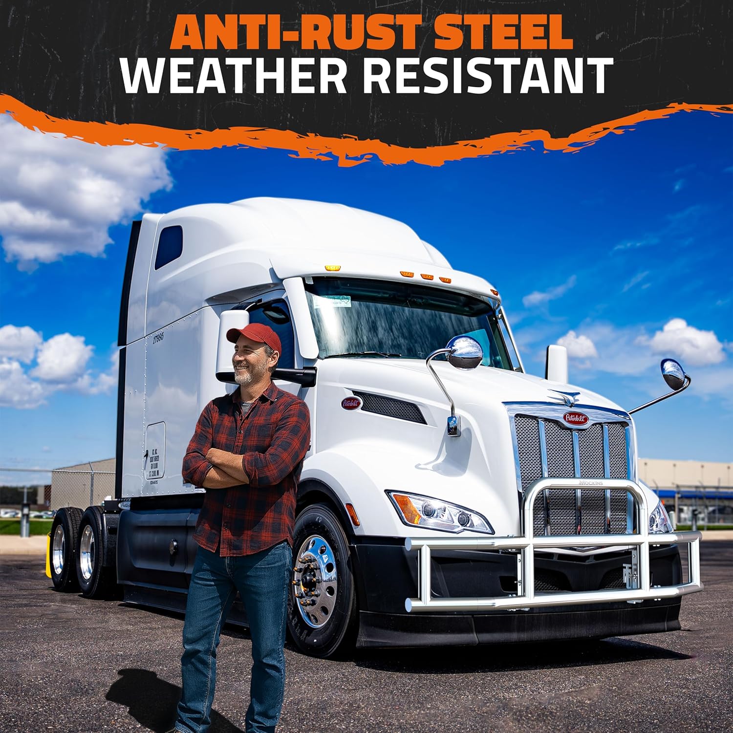 Mockins 90”x11.5”x25.5” Stainless Steel Front Bumper Guard for Trucks | All-Weather 7.5 Ft. Grille Guard Compatible with Peterbilt Semi-Truck 386 & 587-2019 Mounting Bracket Sets