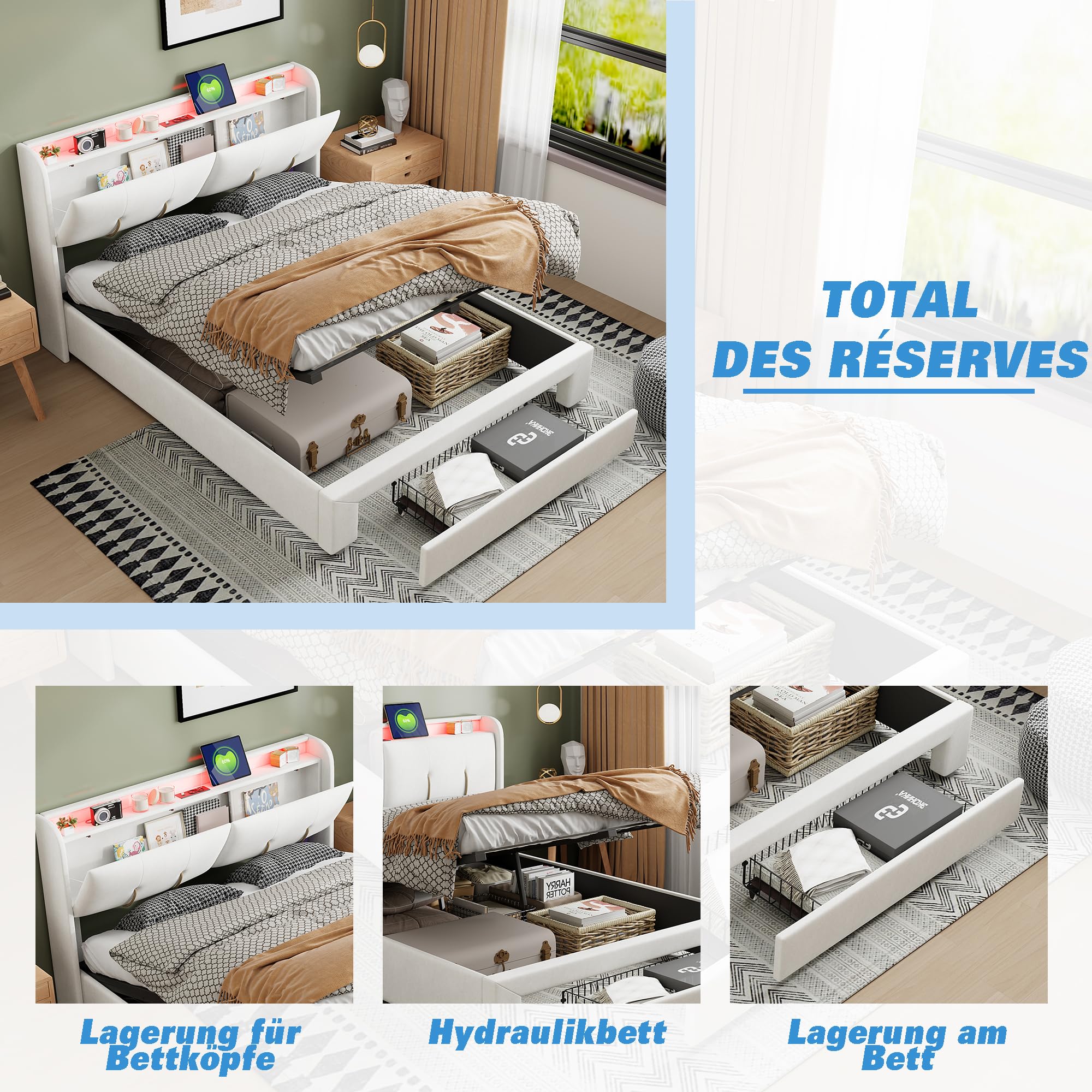 BursDany Lit Coffre 140x190 cm avec Lampe de Lecture et USB, Lit Double Rembourré avec Fonction de Rangement et Sommier à Lattes, pour Adultes et Adolescente, sans Matelas, Velours Beige