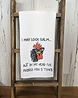 Vista 2 de I May Look Calm But In My Head I've Pecked You 3 Times Funny Gift Angry Rooster Chicken - Waffle Weave Kitchen Towel Farmhouse Decor, White