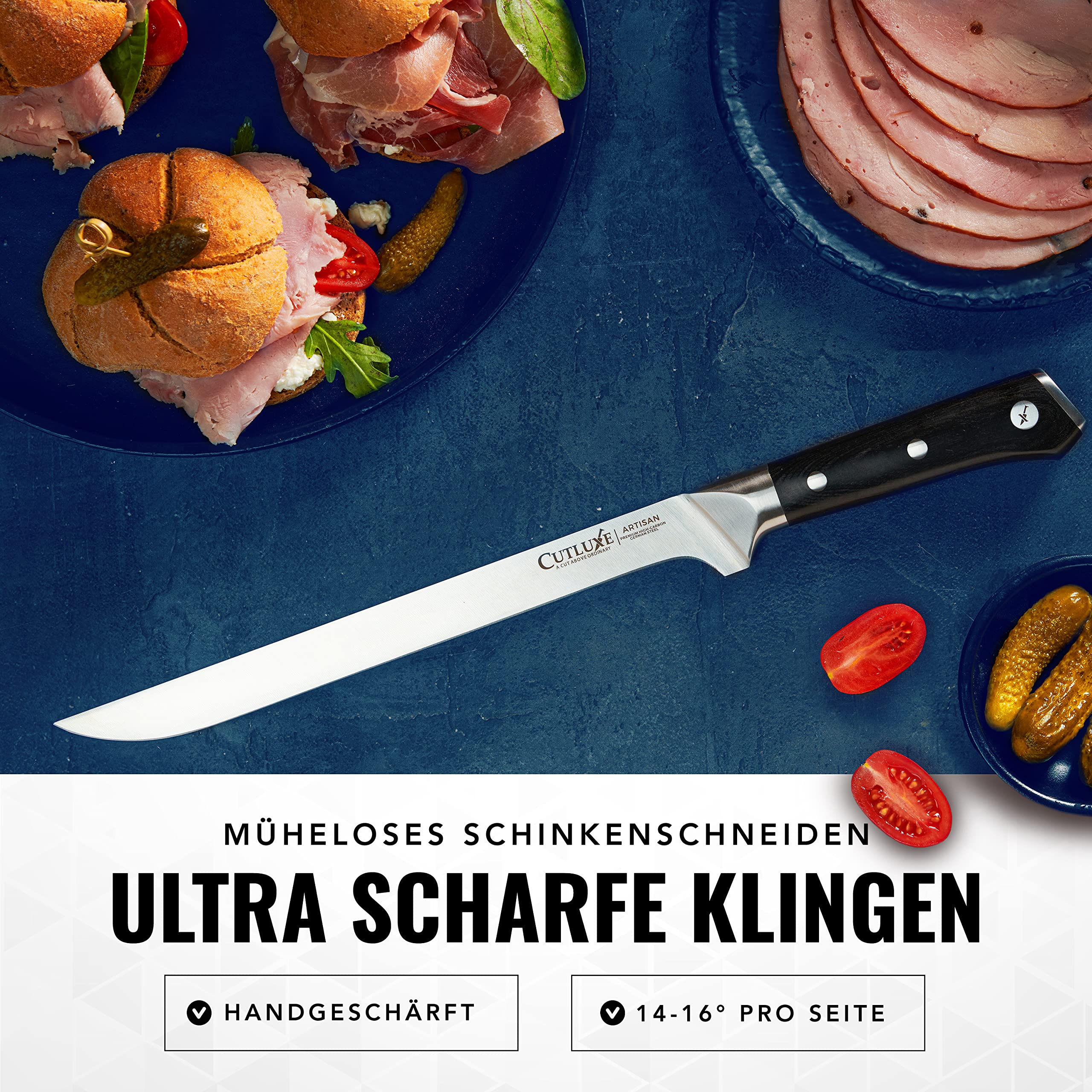 Cutluxe Schinkenmesser - 25cm Tranchiermesser für Fleisch und BBQ - Scharfes Messer aus deutschem Stahl - Volltang und ergonomisches Griffdesign - Artisan Serie