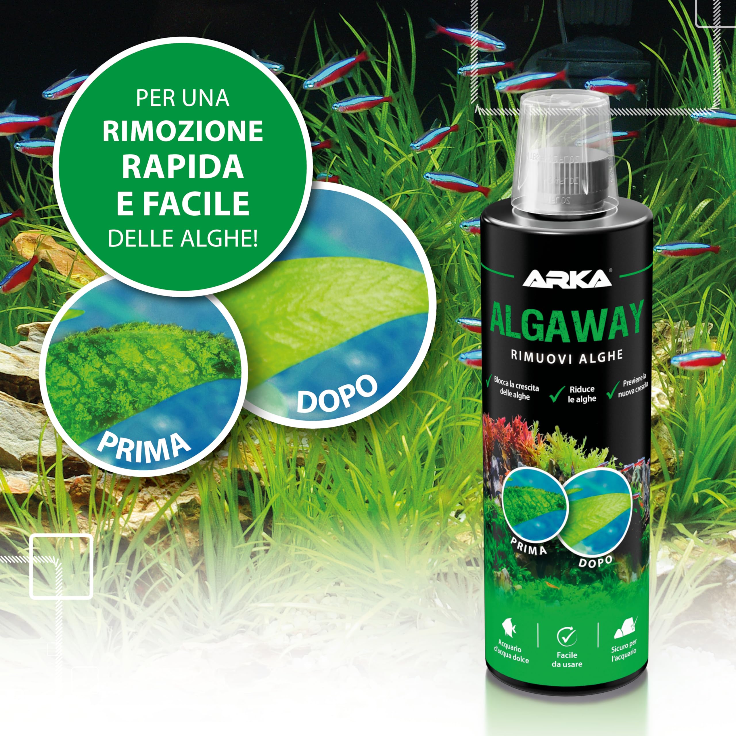 ARKA Algaway – 473 ml – trattamento anti alghe per acquari – elimina alghe verdi, filamentose e macchiate – senza rame, sicuro per piante e pesci – per acquari d’acqua dolce