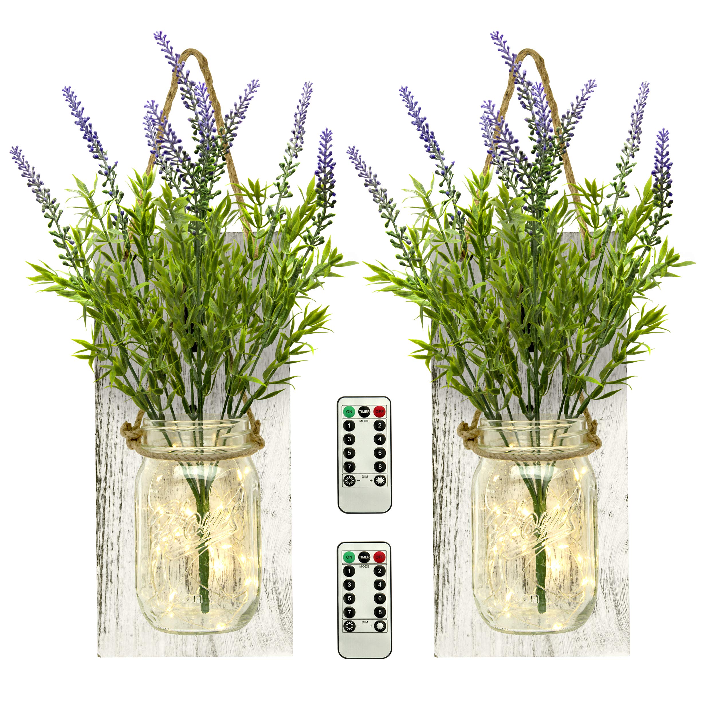 TenXVI Designs Set of 2 Remote Controlled Mason Jar Sconces - 6-Hour Timer, Lavender Flowers, LED Fairy Lights and Wrought Iron Hooks ââ‚¬â€œ Rustic Shabby Chic Wall DÃƒ©cor for Farmhouses