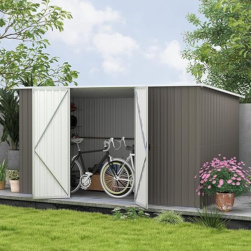 Outsunny 11.2' x 5.6' Outdoor Storage Shed, Galvanized Metal Utility Garden Tool House, Lockable Door for Backyard, Bike, Patio, Garage, Lawn, Light Gray