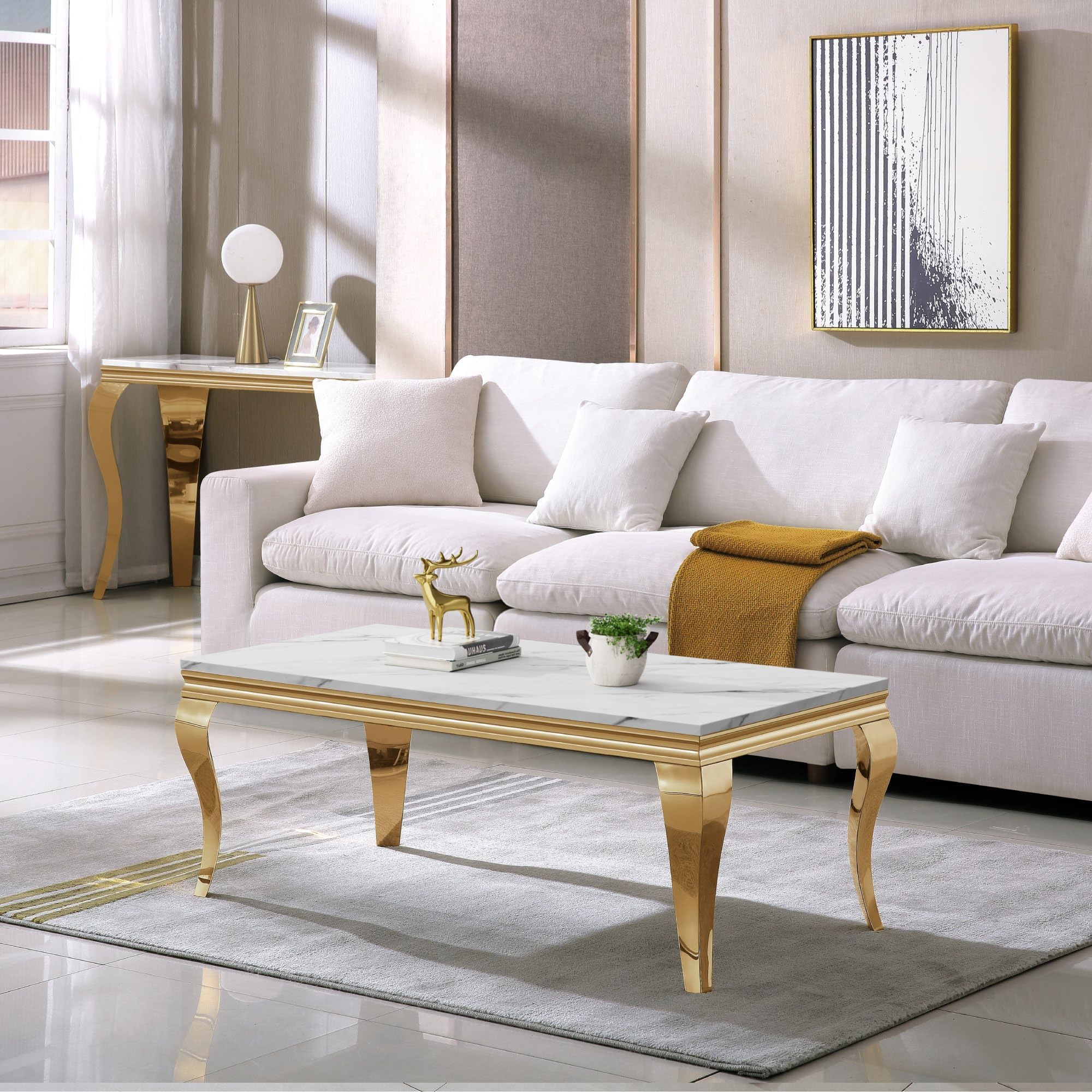 Luxury Marble Coffee Table, Premium White Faux Marble Top, Gold Stainless Steel S Legs, 47" Rectangular Living Room Center Table, Modern Coffee Tables for Living Room, Apartment, Home Decor