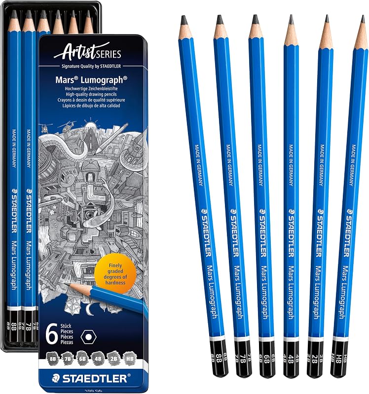 STAEDTLER Mars Lumograph Graphite Pencil Set: 6 Count (8B, 7B, 6B, 4B, 2B, HB) | Set of 6 Degrees in an Attractive Storage Tin (100G6)