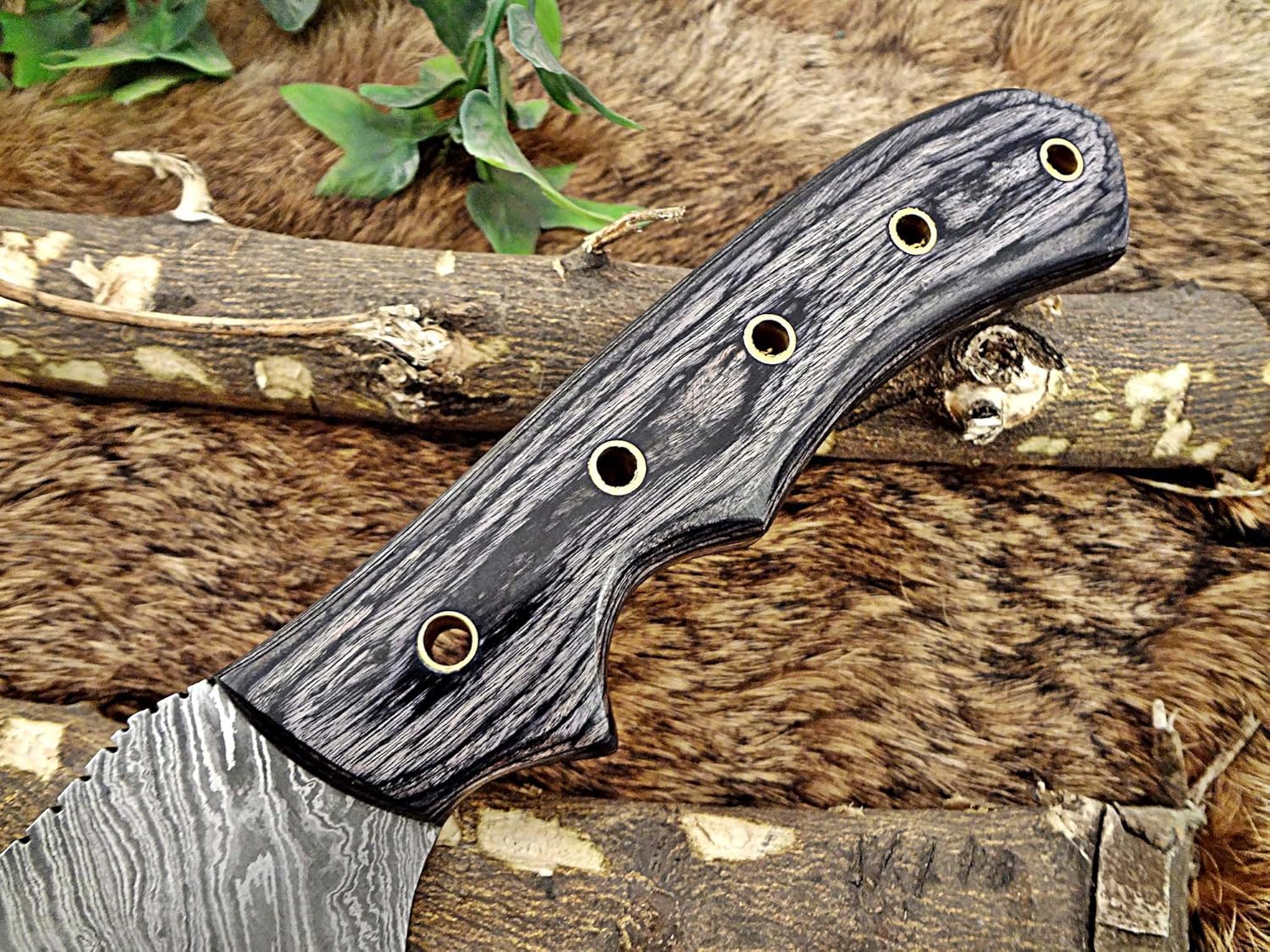 13" Long Hand Forged Twist Pattern Full Tang Damascus Steel Tracker Knife, 2 Tone Black Dollar Wood with Holes Scale, Cow Leather Sheath (Black Dollar Wood)