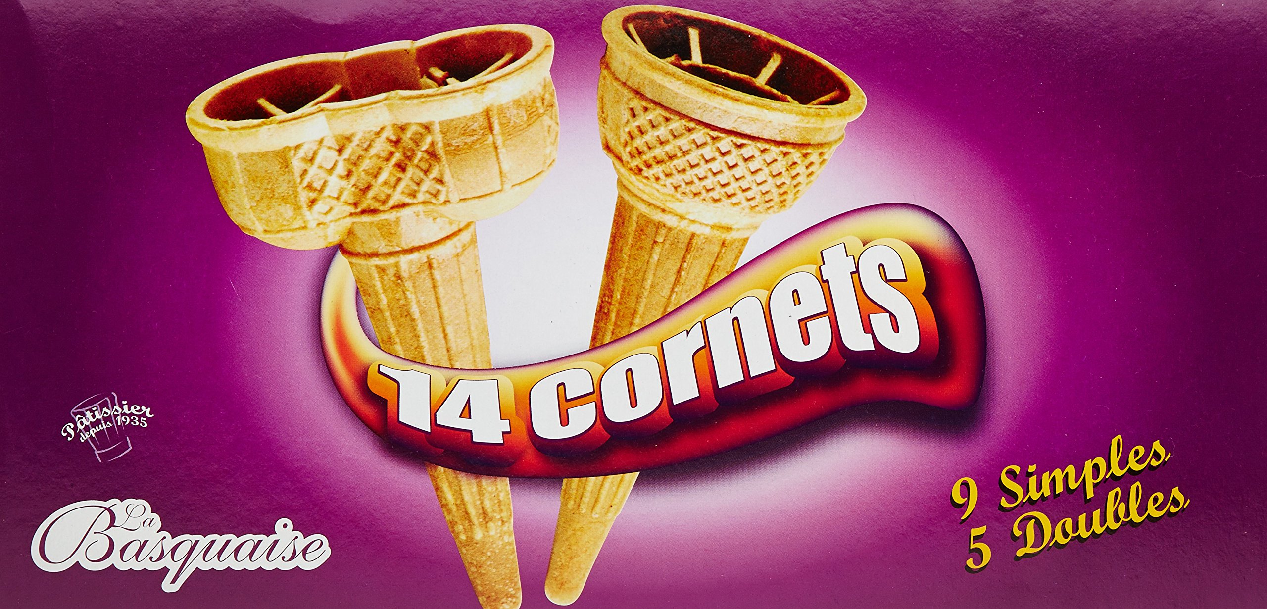 La Basquaise Assortiment de 14 Cornets de Glace 9 simples et 5 Doubles 60g