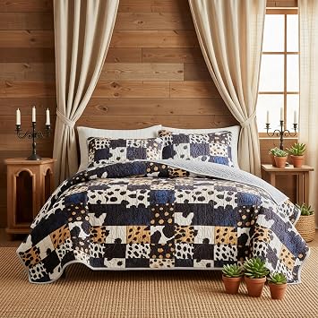 Quilts for Queen Bedding Set Black Bedspreads Soft Bed Summer Lightweight Bedspread Comforter - Boho Cow Patchwork Pattern Coverlet for All Season - 3 Pieces Black, Queen