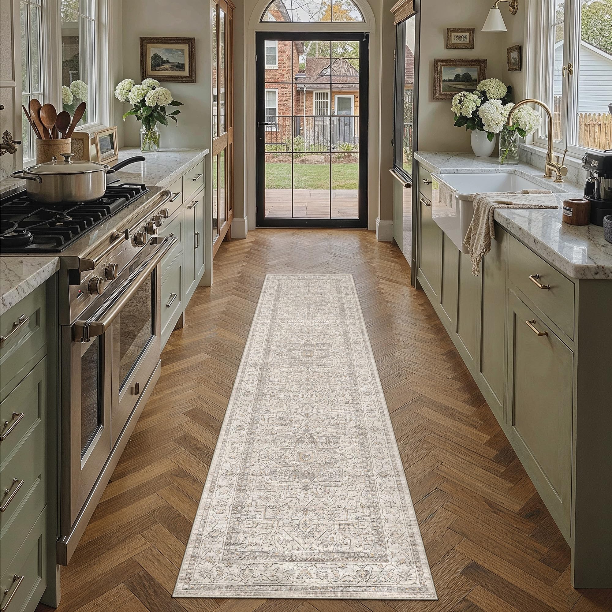 PureCozy Vintage Beige Hallway Runner Rug 60x240cm Carpet Runners Washable Non Slip Area Rugs Kitchen Dining Room Bedroom Bedside Office Low Pile Long Soft Indoor Carpets