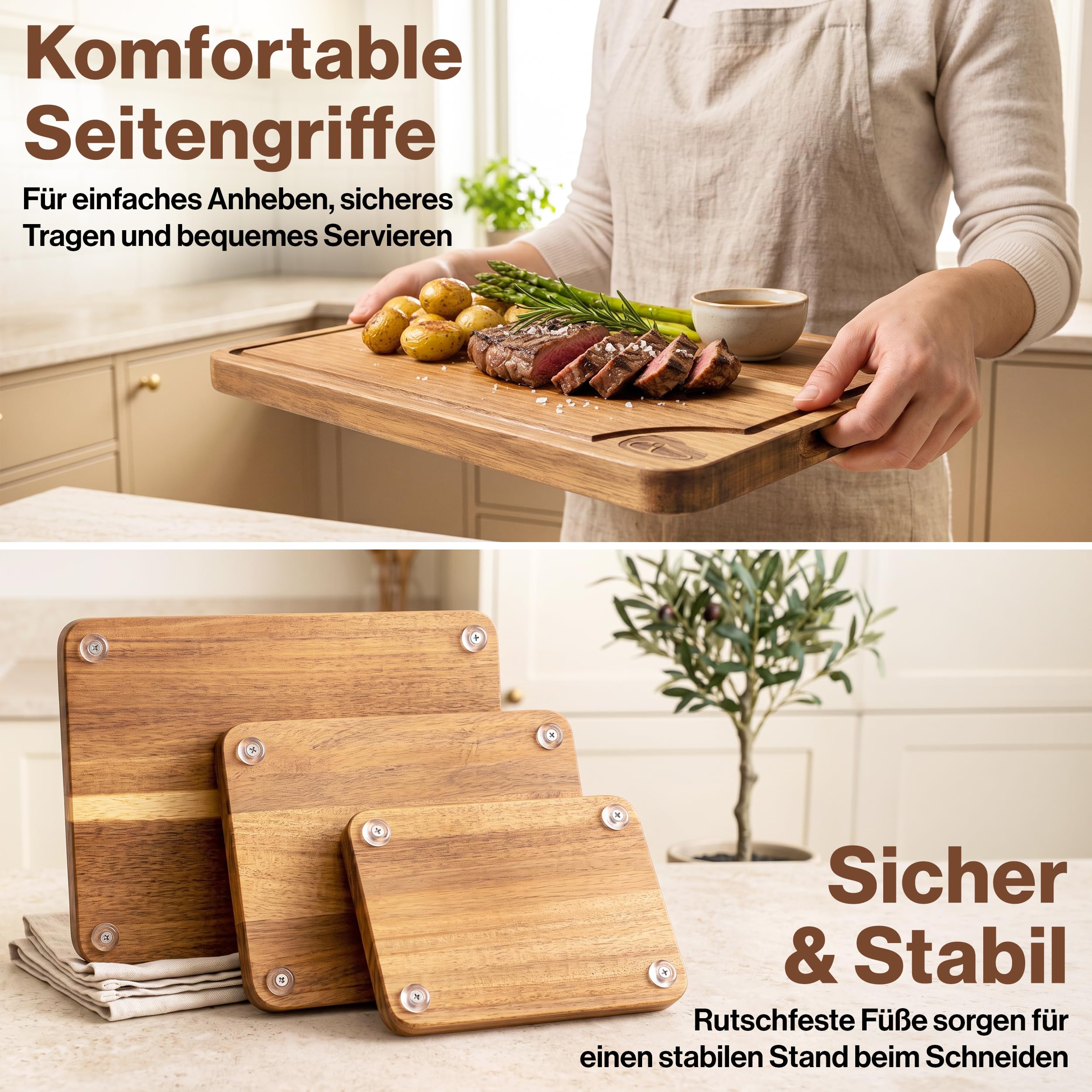 EDELHAUS Schneidebrett Holz 3er Set Akazie, Holzschnedebrett mit Saftrille | Schneidbretter ohne Mikroplastik aus Akazie 2 cm dick Holzbretter Küche mit Saftrille (40x30 / 33x24 / 25x18cm) Cutting Board
