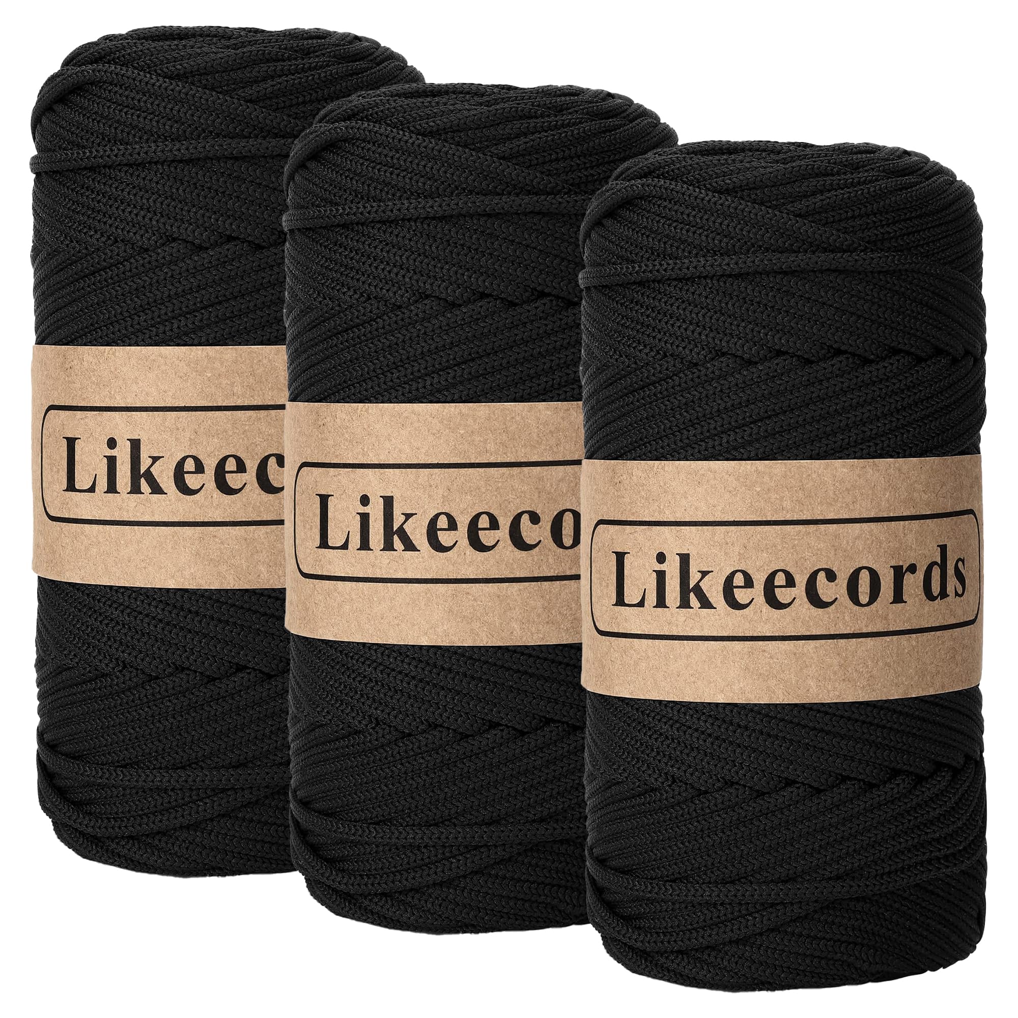 Likeecords Cordon macramé en Polyester tressé de 4 mm - Fil élastique pour Crochet de Boucles de Sac pour projets d'artisanat, suspensions de Plantes, Sacs et Accessoires d'intérieur - 128 m - Noir
