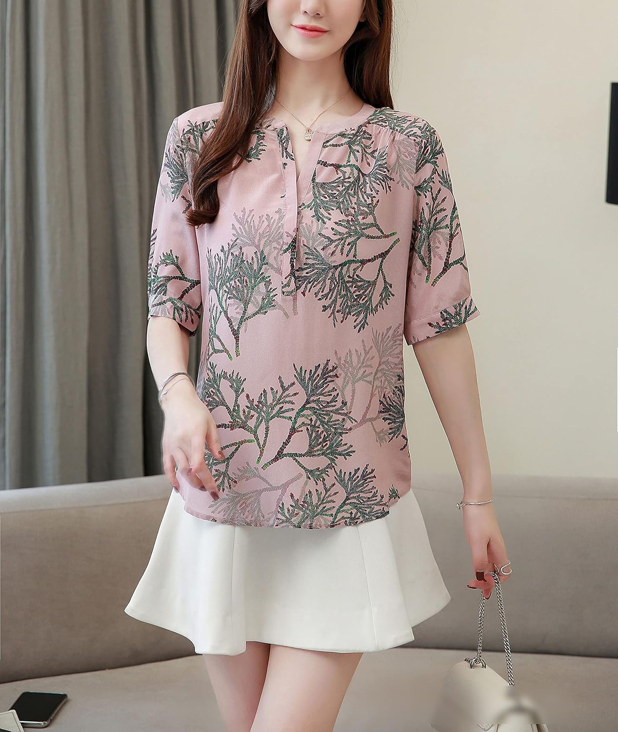 LAI MENG FIVE CATS Women's Elegant Collared Neck Print Button Down Loose Casual Blouse Tops - Image 3