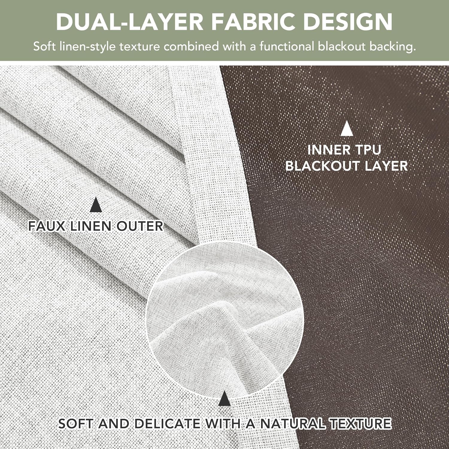 Deconovo 100% Blackout Curtains Faux Linen Look with Coffee Bottom Backing, TPU Invisible Loop Tabs Hidden Hook Design, Thermal Insulated Room Darkening Window Panels, Cream, 52W x 72L, 2 Panels