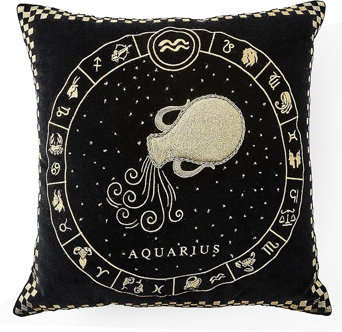 MACKENZIE-CHILDS Throw Pillow, Decorative Astrological Cotton Pillow for Living Room, 18x18, Aquarius Zodiac