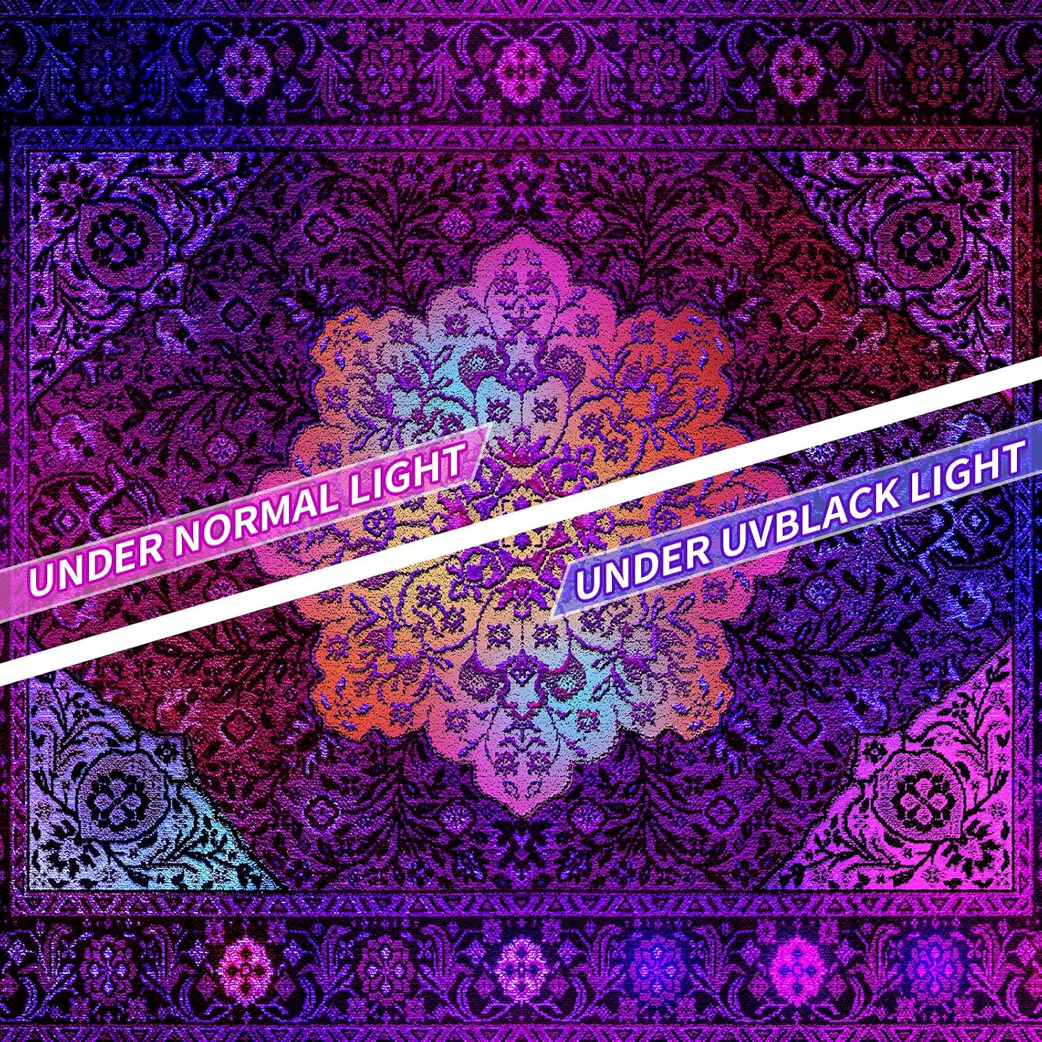 Tichgeim Blacklight Mandala Tapestry for Bedroom Aesthetic, Black Light Hippie Boho Floral Art Poster Tapestries, UV Indian Medallion Bohemian Wall Hanging Decor for Living Room Dorm 60" L x 51" W image 4