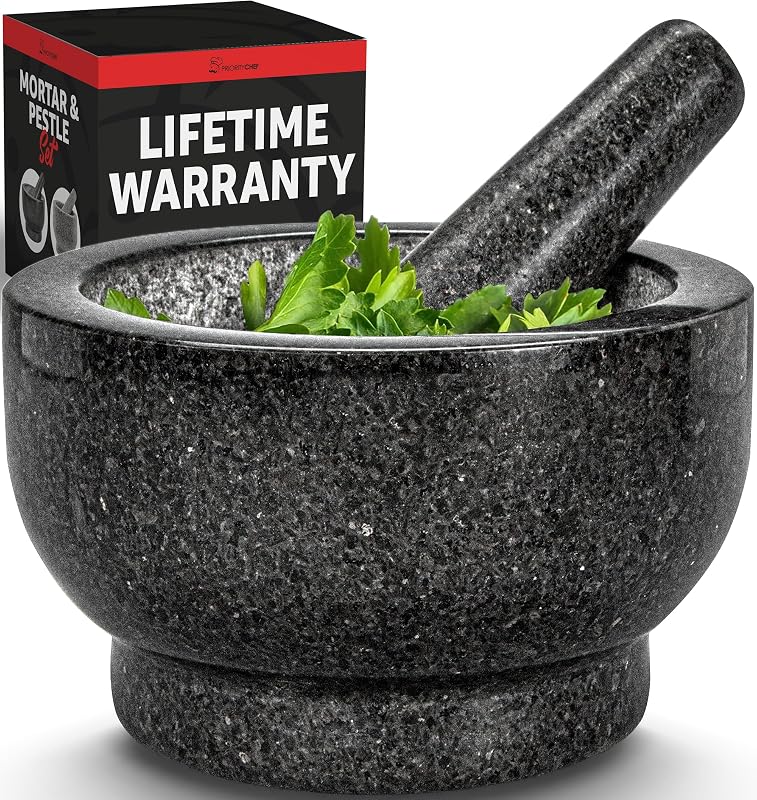 PriorityChef Juego de mortero y mortero grande de 4 tazas, granito 100% natural, tazón de 7 pulgadas de diámetro con mortero de 7.2 pulgadas, hacer guacamole fresco en casa, tazón molinillo de piedra sólida, molinillo de hierbas y especias, negro