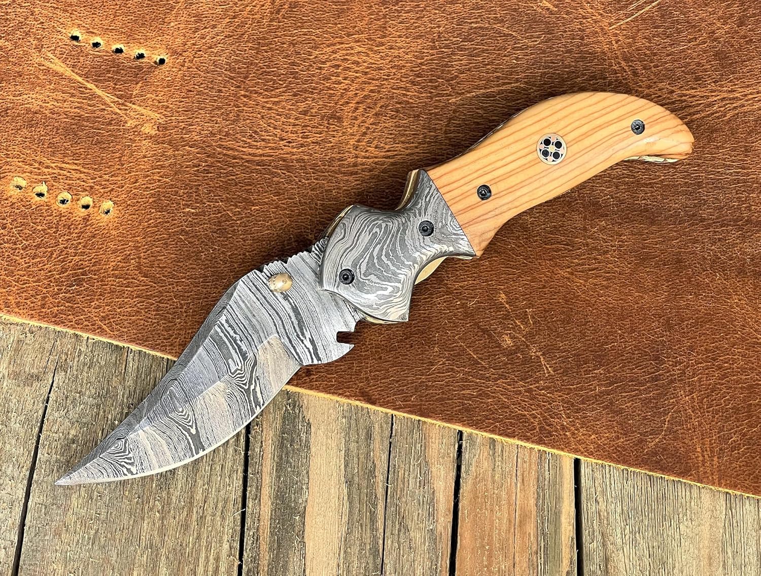 WINTERFELL Handmade Custom Damascus Steel Folding Pocket Knife with Wood Handle - Perfect 7.5" Gift Knife for Birthday, Father's Day or Gift for a Husband