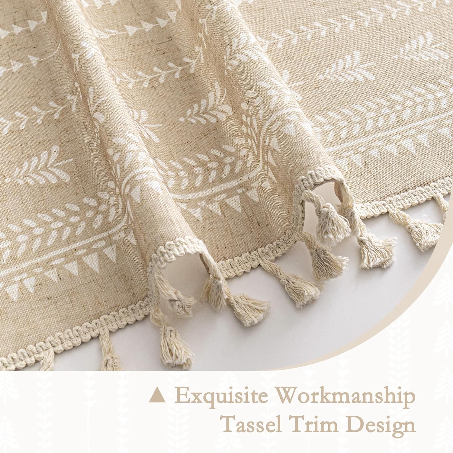 MEETSKY Boho Curtains 84 inch Long - Farmhouse Sping Linen Blend Patterned Light Filtering Khaki Curtains for Bedroom Living Room with Tassels, Back Tab, 50" Wide Each Panel, 2 Panels