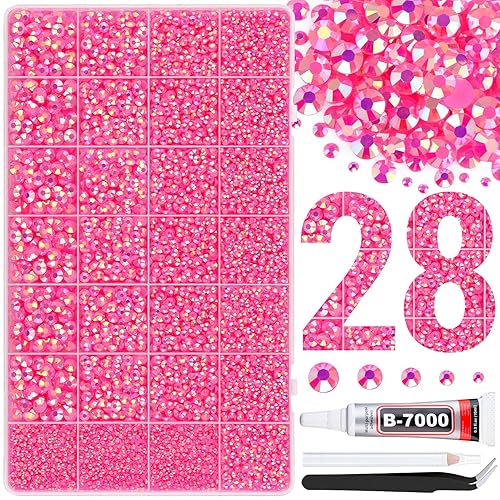 BELLEBOOST Kit de diamantes de imitación de resina, 3 cajas de color rosa intenso AB de 23450.236 in, parte trasera plana, diamantes de imitación de