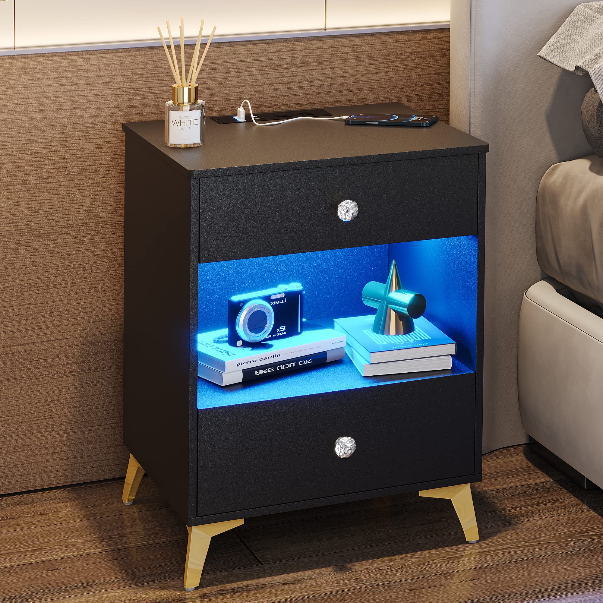 LVSOMT LED End Side Table with Charging Station, USB Port & Socket, Smart Modern Side Table, Tall End Table with 2 Drawers, Lights, Body Induction (Black Gold)