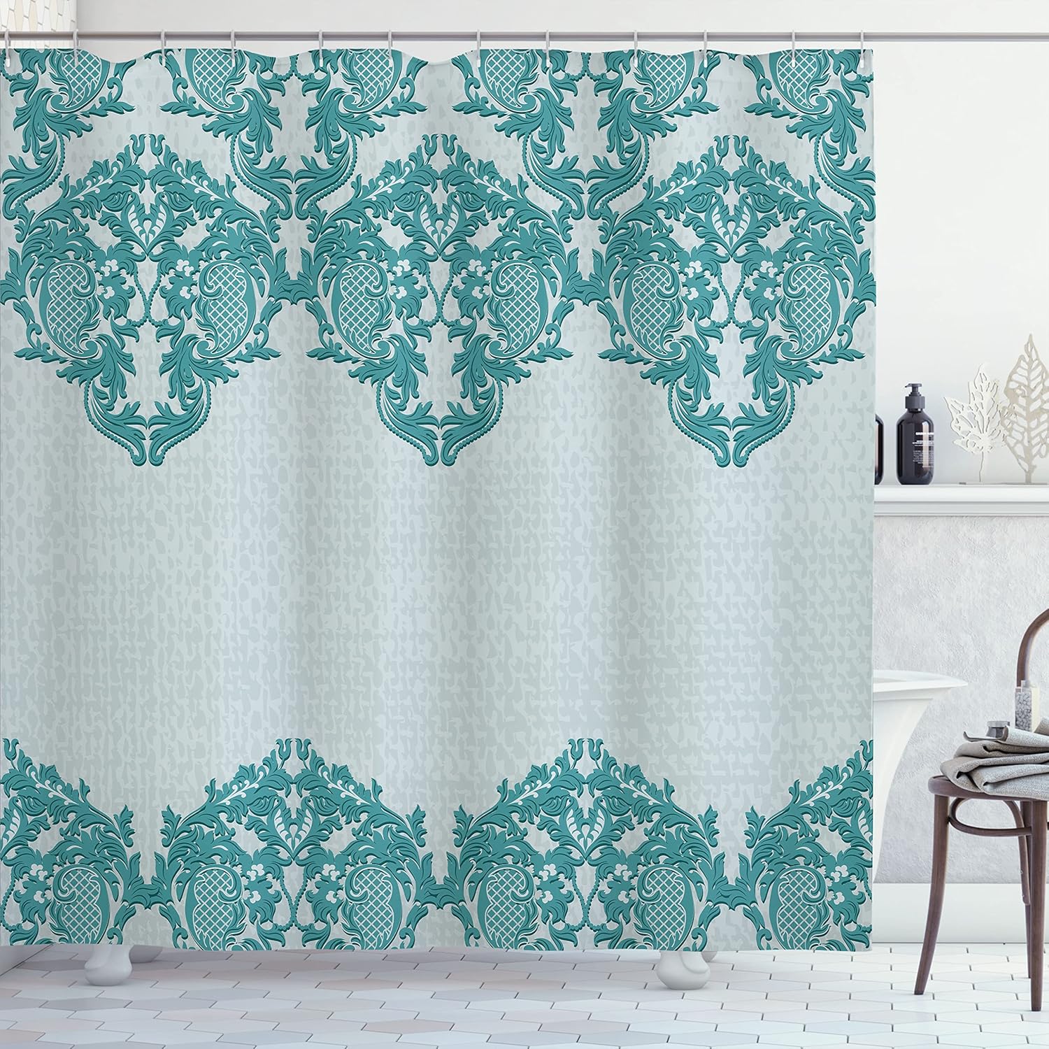 Ambesonne Floral Shower Curtain, Lace Like Framework Borders with Details Delicate Intricate Retro Dated Print, Cloth Fabric Bathroom Decor Set with Hooks, 69" W x 70" L, White Seafoam