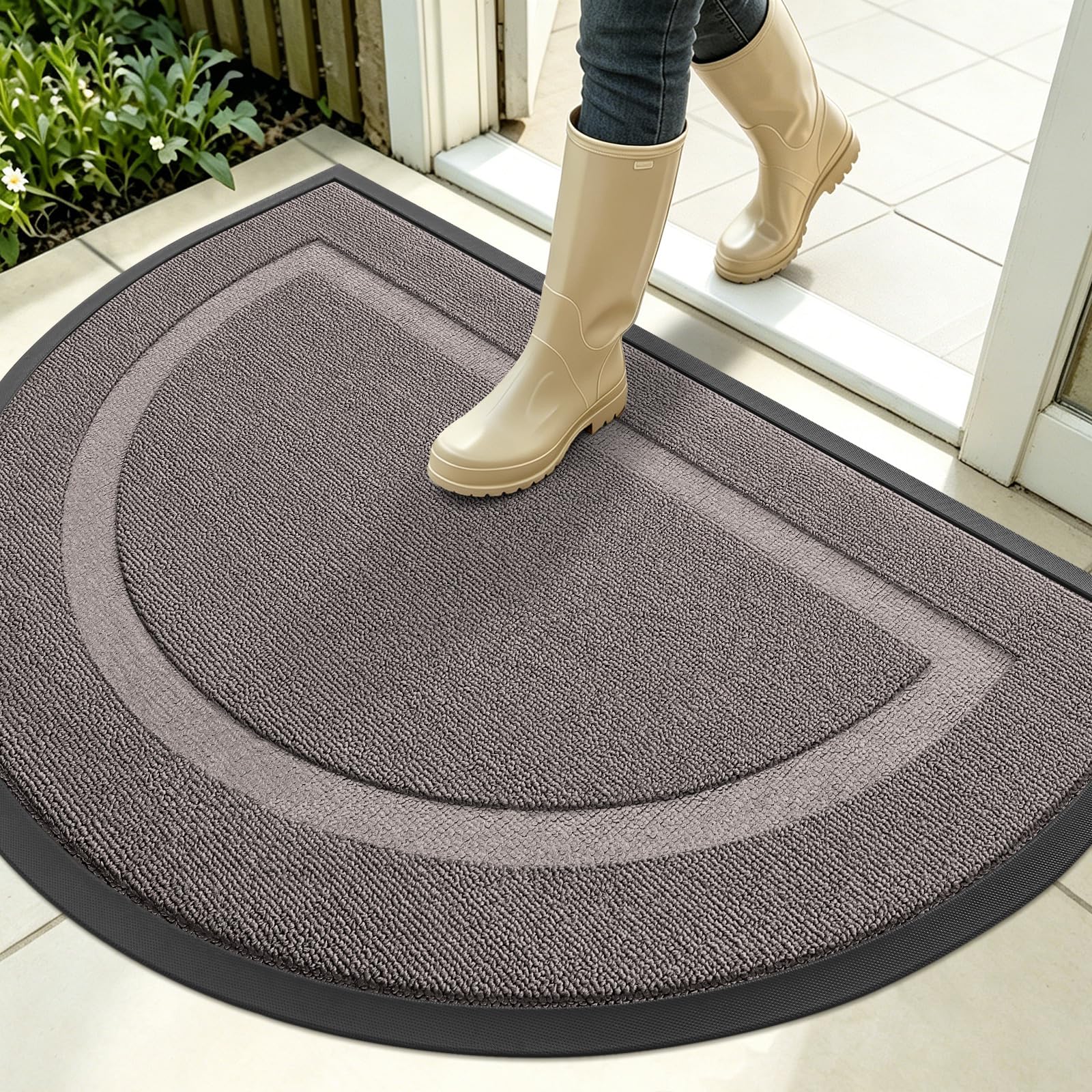 OLANLY Half Circle Front Door Mat Outside 35x23 All-Season Rubber Doormat | Taupe, Absorbent, Heavy-Duty, Stain and Fade Resistant, Waterproof Non-Slip Backing, Low-Profile Indoor Outdoor Entryway Mat