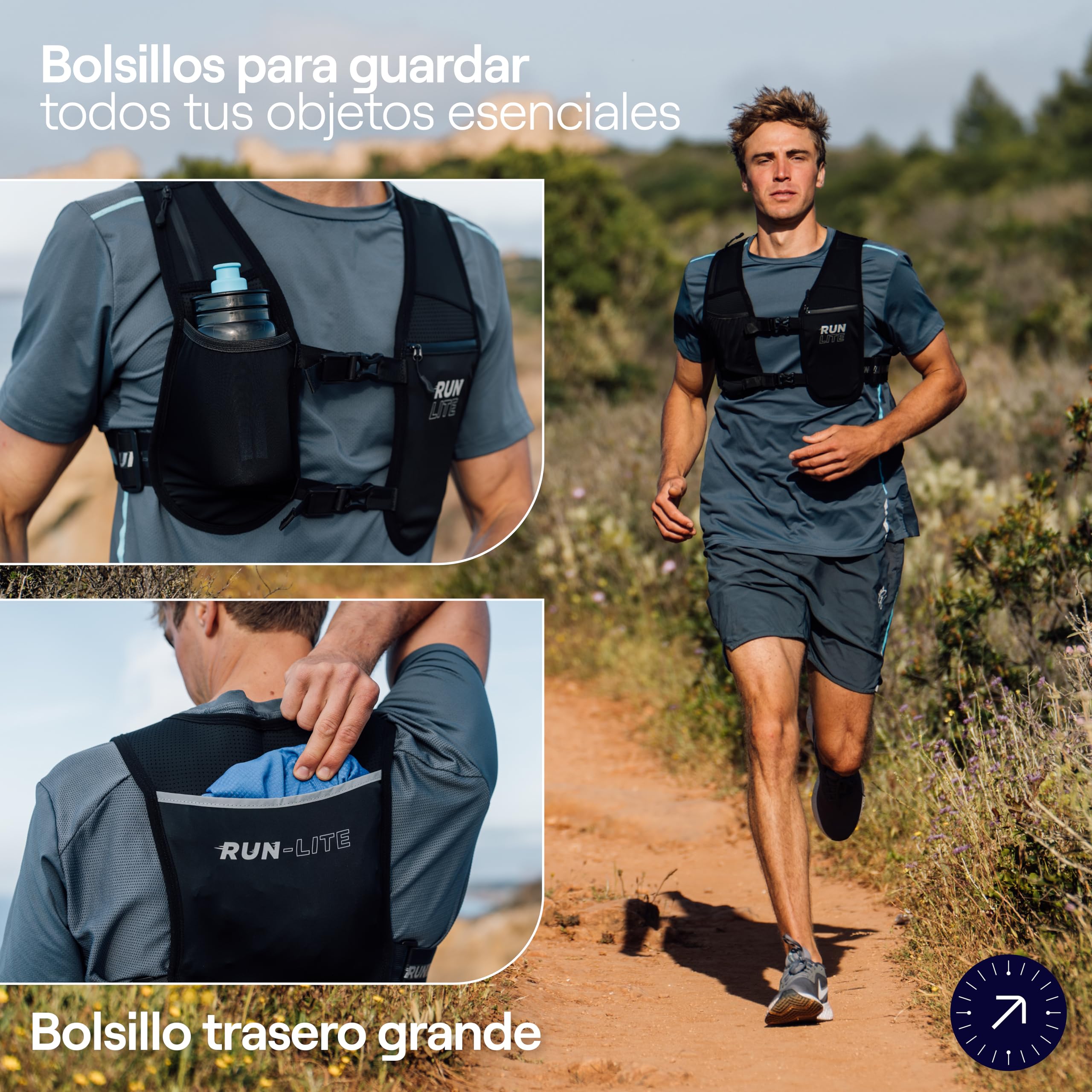 Chaleco Running Ligero con Bolsillos para Móvil – Chaleco Trail Running Reflectante, Impermeable y Ajustable, Unisex M/L (84-112 cm)
