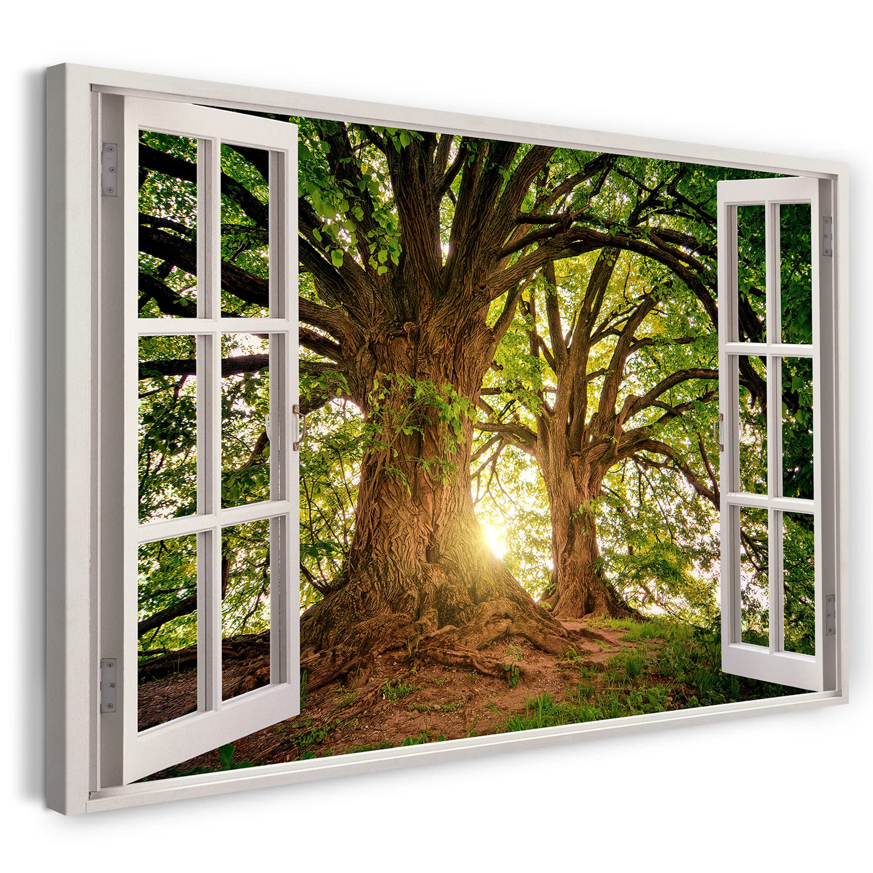 Printistico #19 Print On Canvas (120X80 Cm) View From The Window - Trees Forest Sun Rays Nature - Nature Photography, Real Wood Frame With Hook