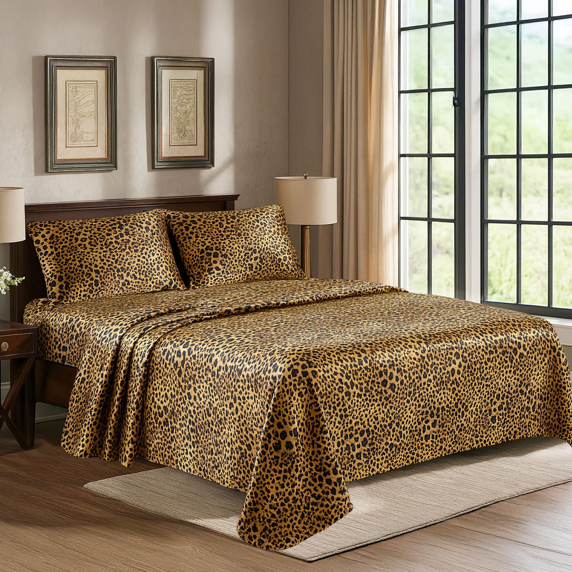Satin Sheets Queen [4-Piece, Gold Leopard] Hotel Luxury Silky Bed Sheets - Extra Soft 1800 Microfiber Sheet Set, Wrinkle, Fade, Stain Resistant - Deep Pocket Fitted Sheet, Flat Sheet, Pillow Cases
