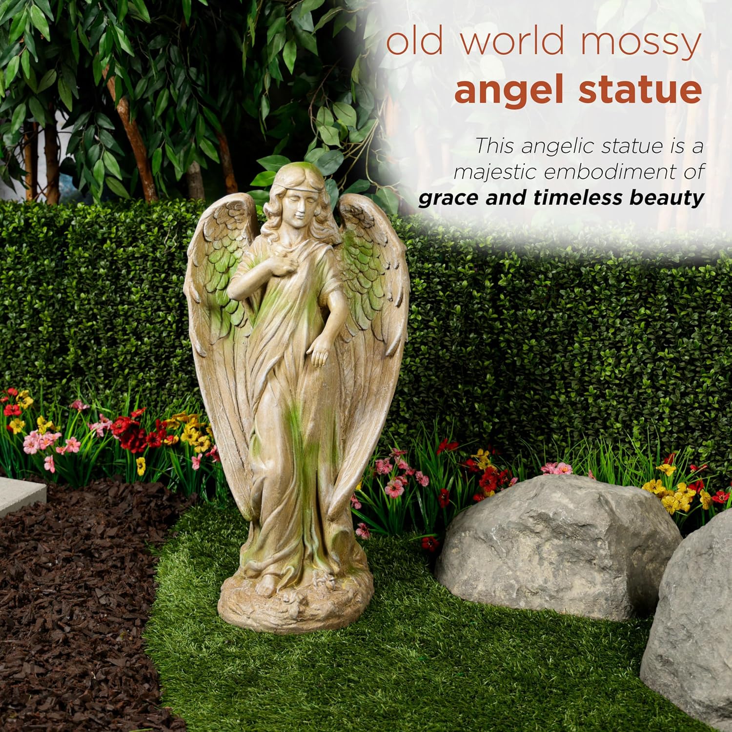 Alpine Corporation QFC105-201 Old World Angel Statue with Mossy Finish, Sentimental Garden Décor, 31" H, Tan/Moss Green