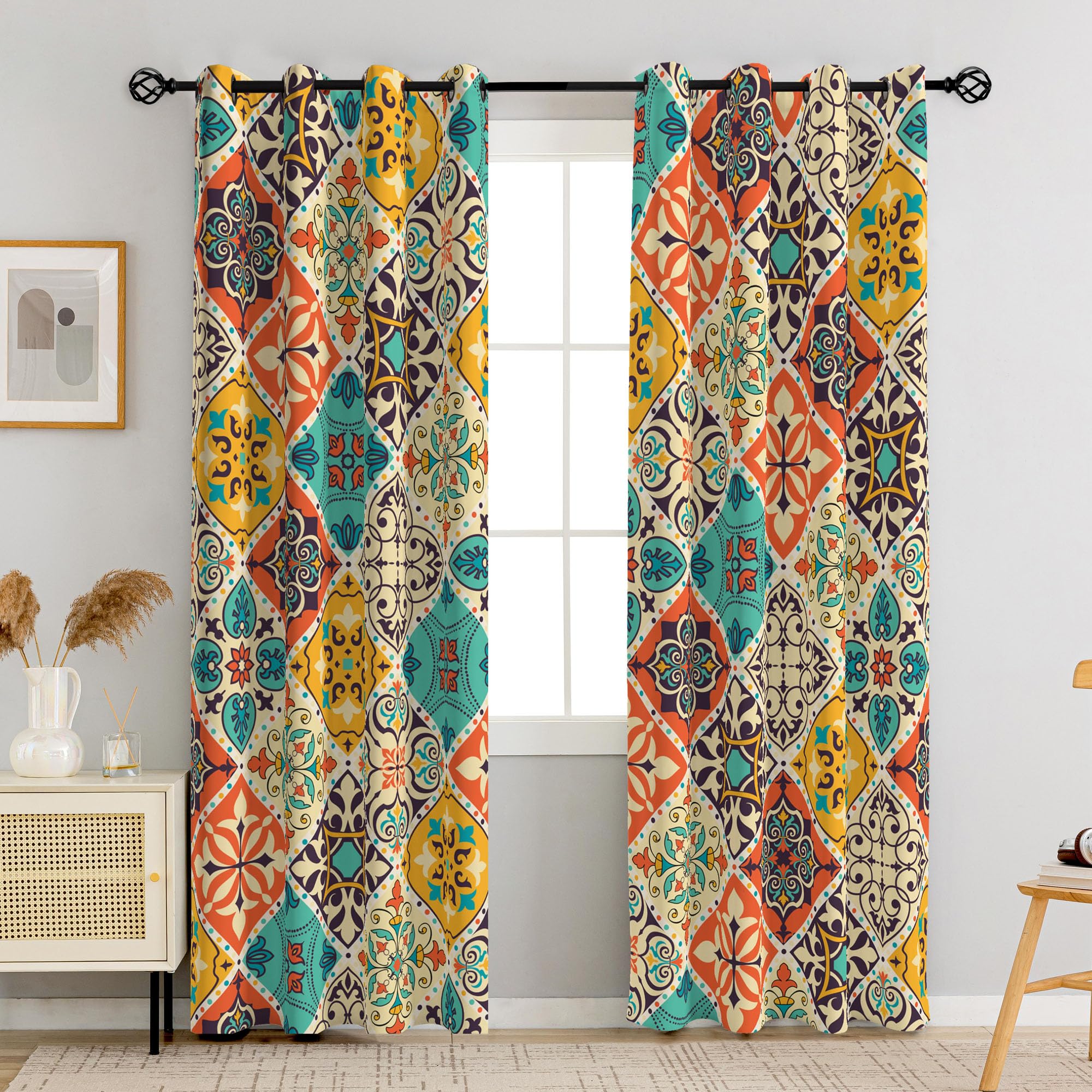 Tyrot Boho 100% Blackout Curtains for Bedroom 84 inch Long 2 Panels Set Bohemian Colorful Mandala Thermal Insulated Room Darkening Window Drapes