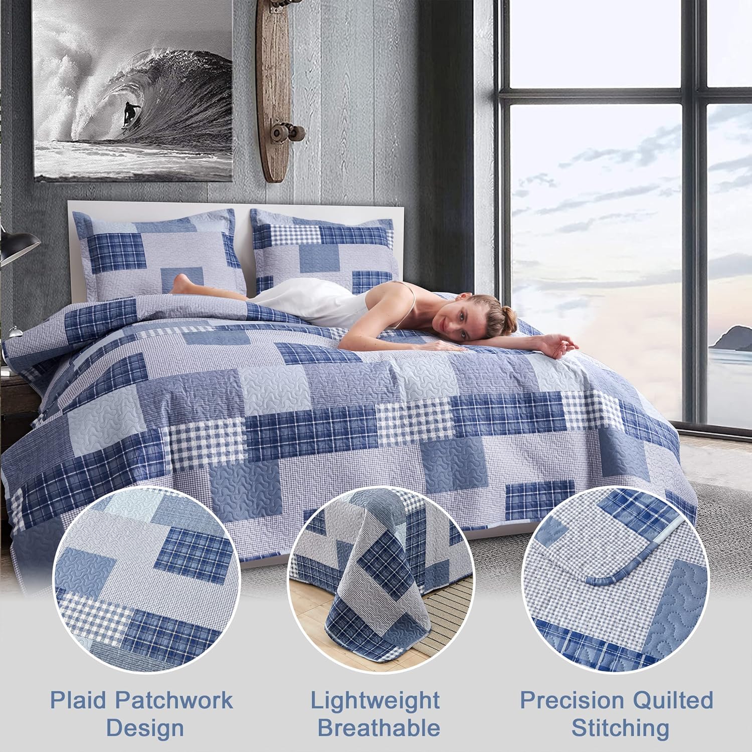 Bedspread Set Queen/Full Size Plaid Quilt Bedding Queen Grey Blue Patchwork Modern Lightweight Quilt Bedspread Home Reversible Coverlet-Soft Polyester 3 Piece Quilt Set Collection - Image 2