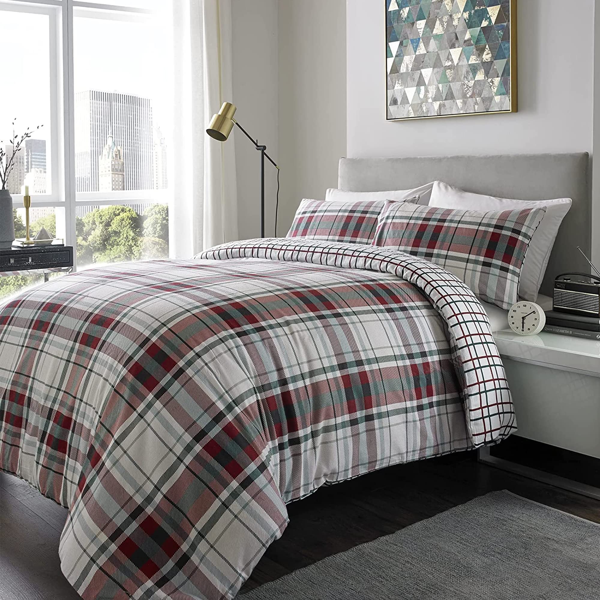 ED Flannelette Printed Duvet Cover Set | 100% Brushed Cotton Flannel Fleece | Reversible Bedding Quilt With Pillowcases (Wine & Green Tartan Check, King)