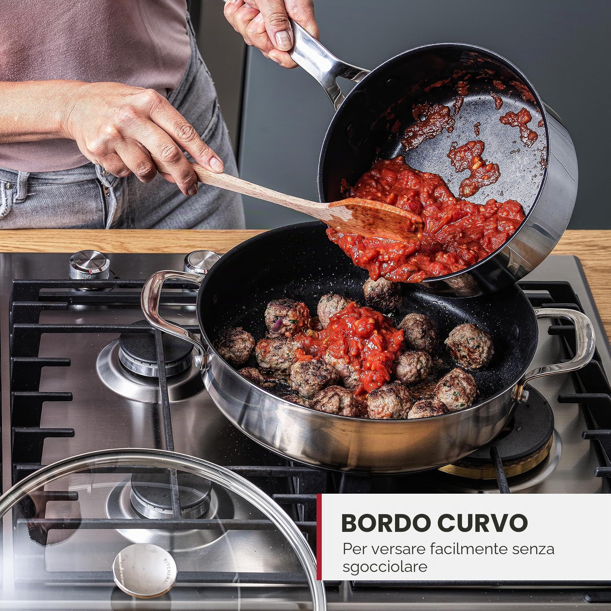 KitchenAid Stainless Steel Set di Pentole Antiaderenti in Acciaio Inox con Coperchio, Adatte a Tutti i Tipi di Fornelli, Induzione, Forno e Lavastoviglie, 20/24 cm + Pentolino 16 cm/1,5 L, 5 pezzi