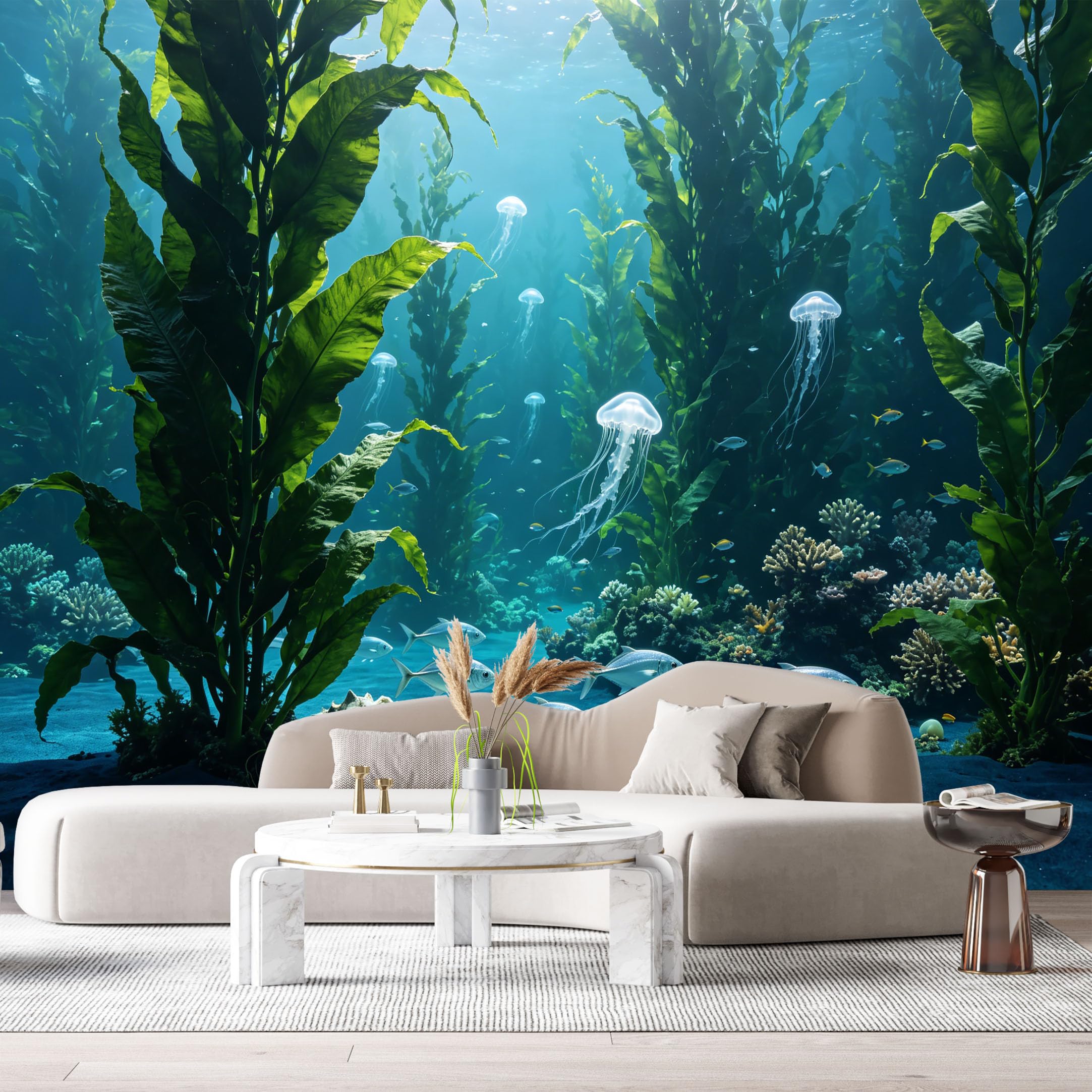 Custom Size Wall Murals Ocean Marine Jellyfish Kelp Underwater World SelfAdhesiveWall Fabric Removable Wallpaper Wall Decor for Living Room Bedroom Bathroom