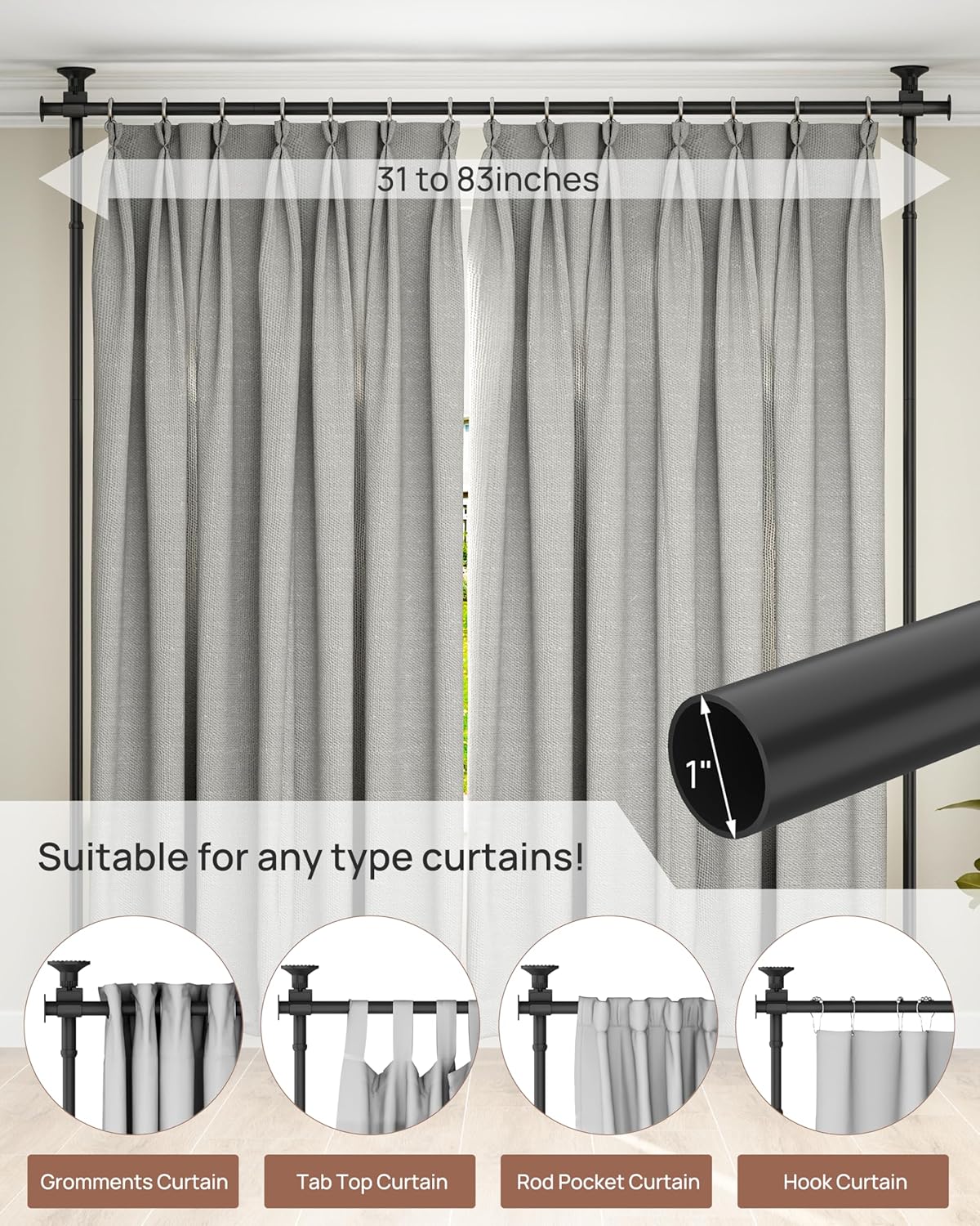 ALLZONE Tension Curtain Rods for Windows, Adjustable 31 to 83 Inch Wide, Freestanding Curtain Rods No Drilling, Apartment Renter Friendly, Heavy Duty, for Room Divider, Doorway,63 to 130Inch Height