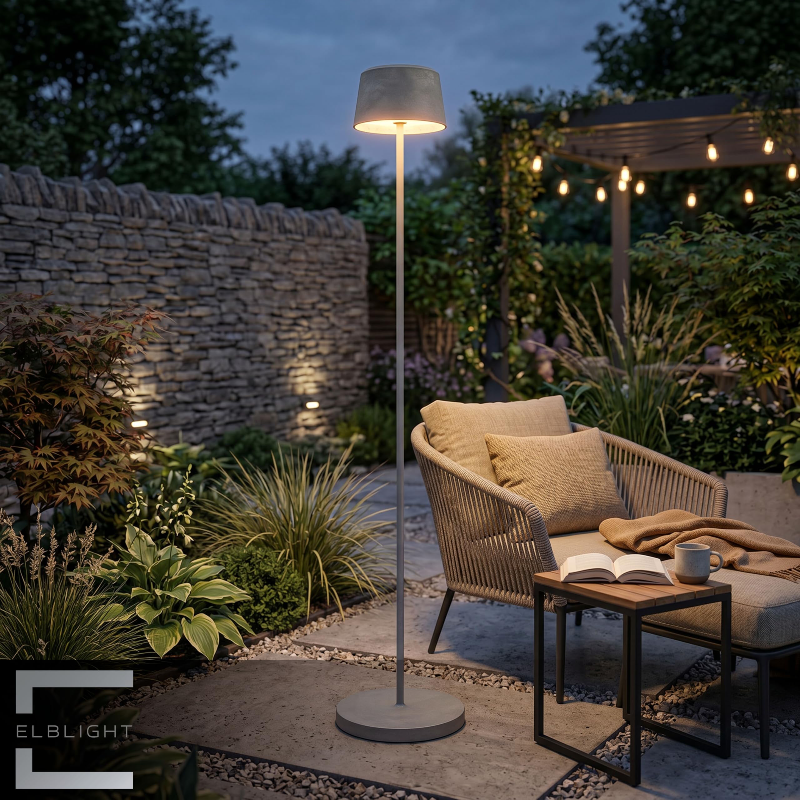 Northpoint ELBLIGHT.de LED Solar Stehleuchte Outdoor dimmbar mit Dämmerungssensor USB-C Gartenleuchte warmweiß 3000K IP44 wetterfest Außenleuchte Terrasse Balkon Steinoptik 122 cm